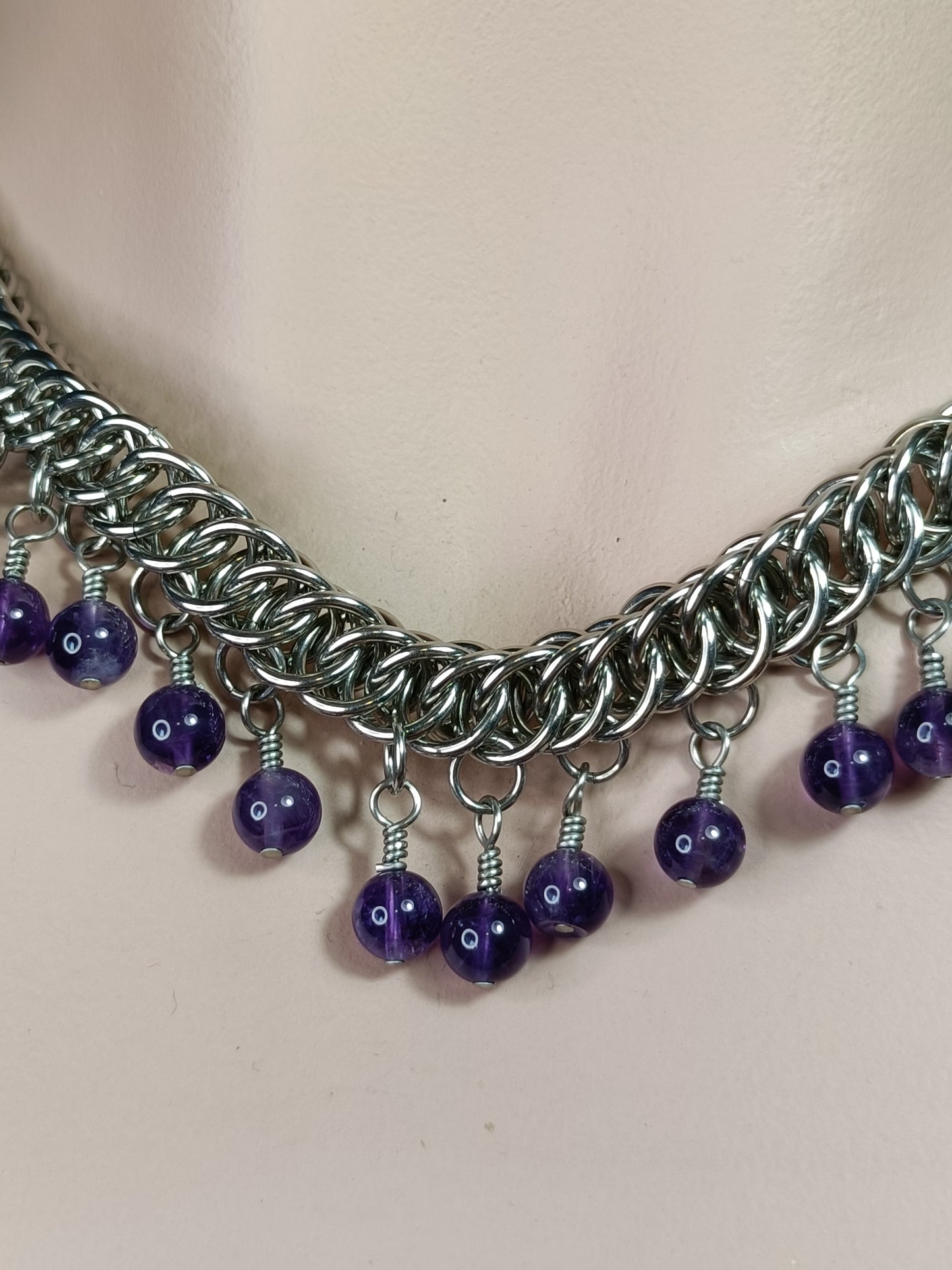 HP 4-1 Chainmail Necklace with Amethyst Beaded Dangles - Stainless Steel