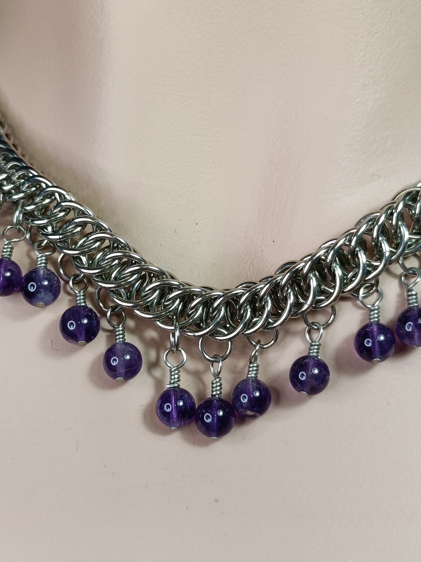 HP 4-1 Chainmail Necklace with Amethyst Beaded Dangles - Stainless Steel