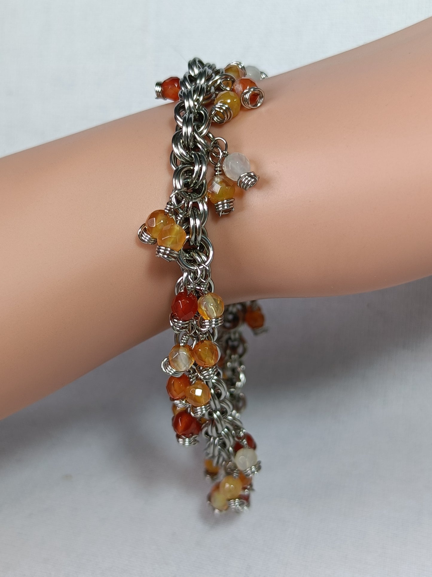 Carnelian 20ga Double Spiral Chainmail Charm Bracelet - Stainless Steel
