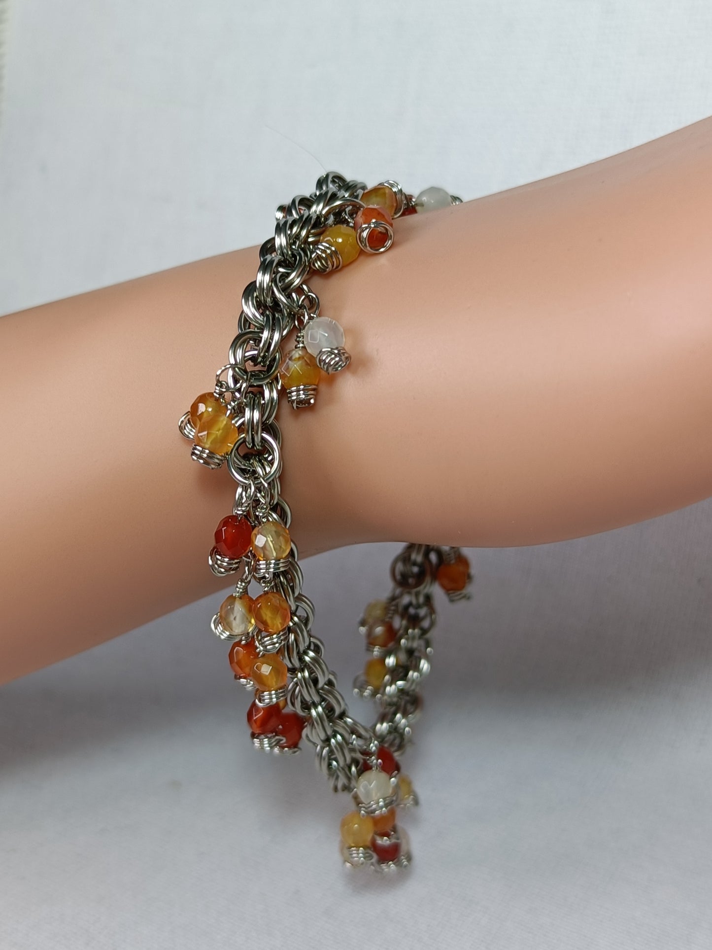 Carnelian 20ga Double Spiral Chainmail Charm Bracelet - Stainless Steel