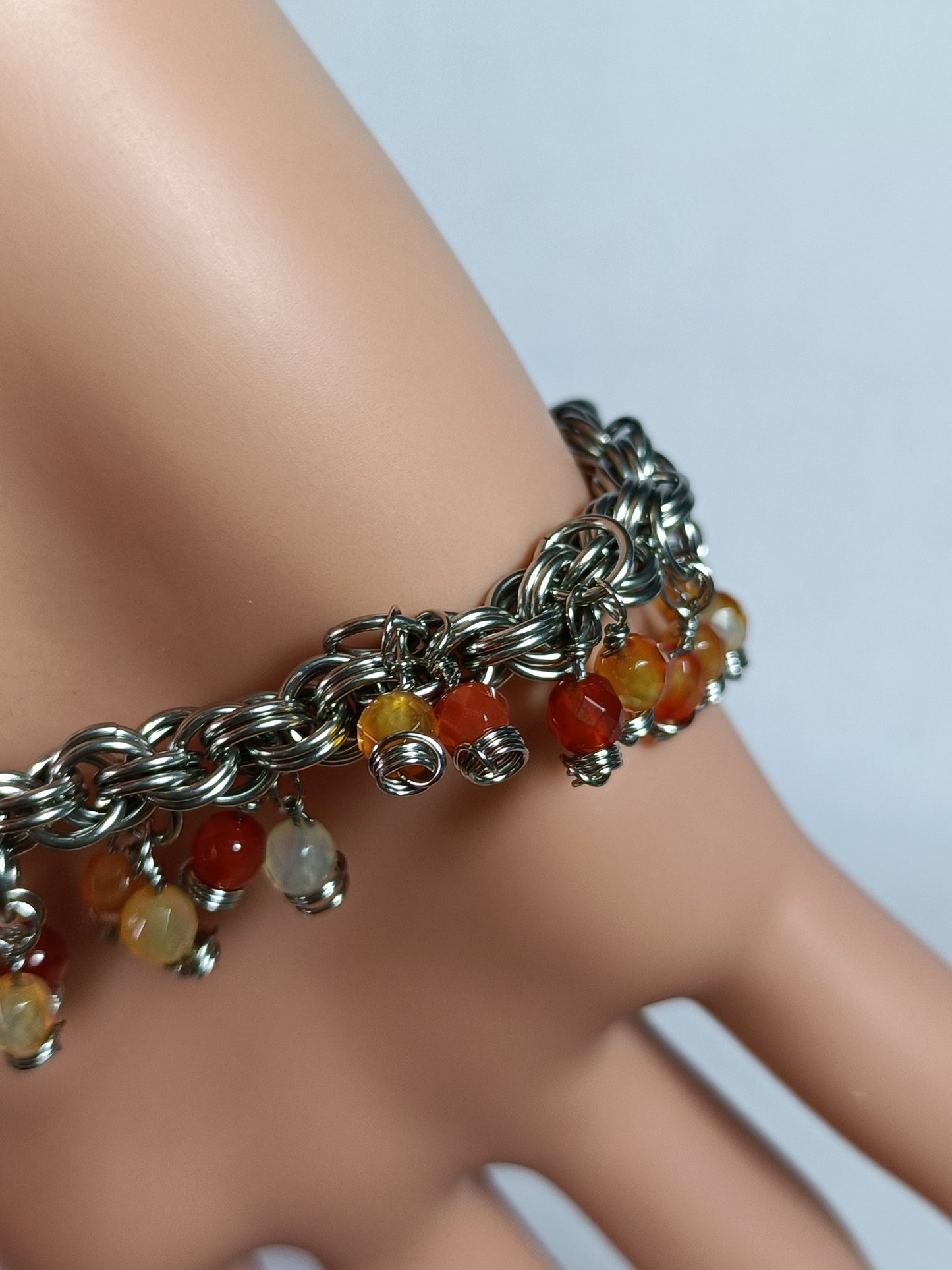 Carnelian 20ga Double Spiral Chainmail Charm Bracelet - Stainless Steel