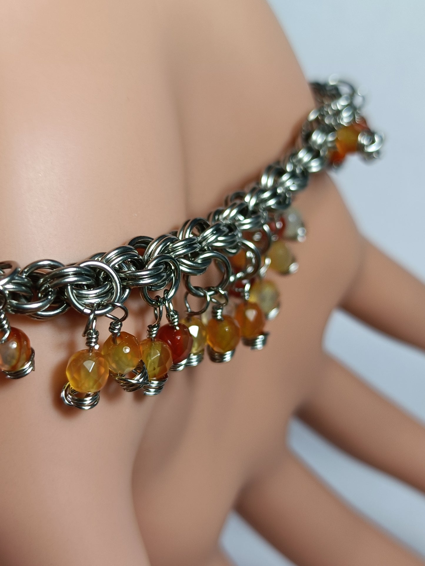 Carnelian 20ga Double Spiral Chainmail Charm Bracelet - Stainless Steel