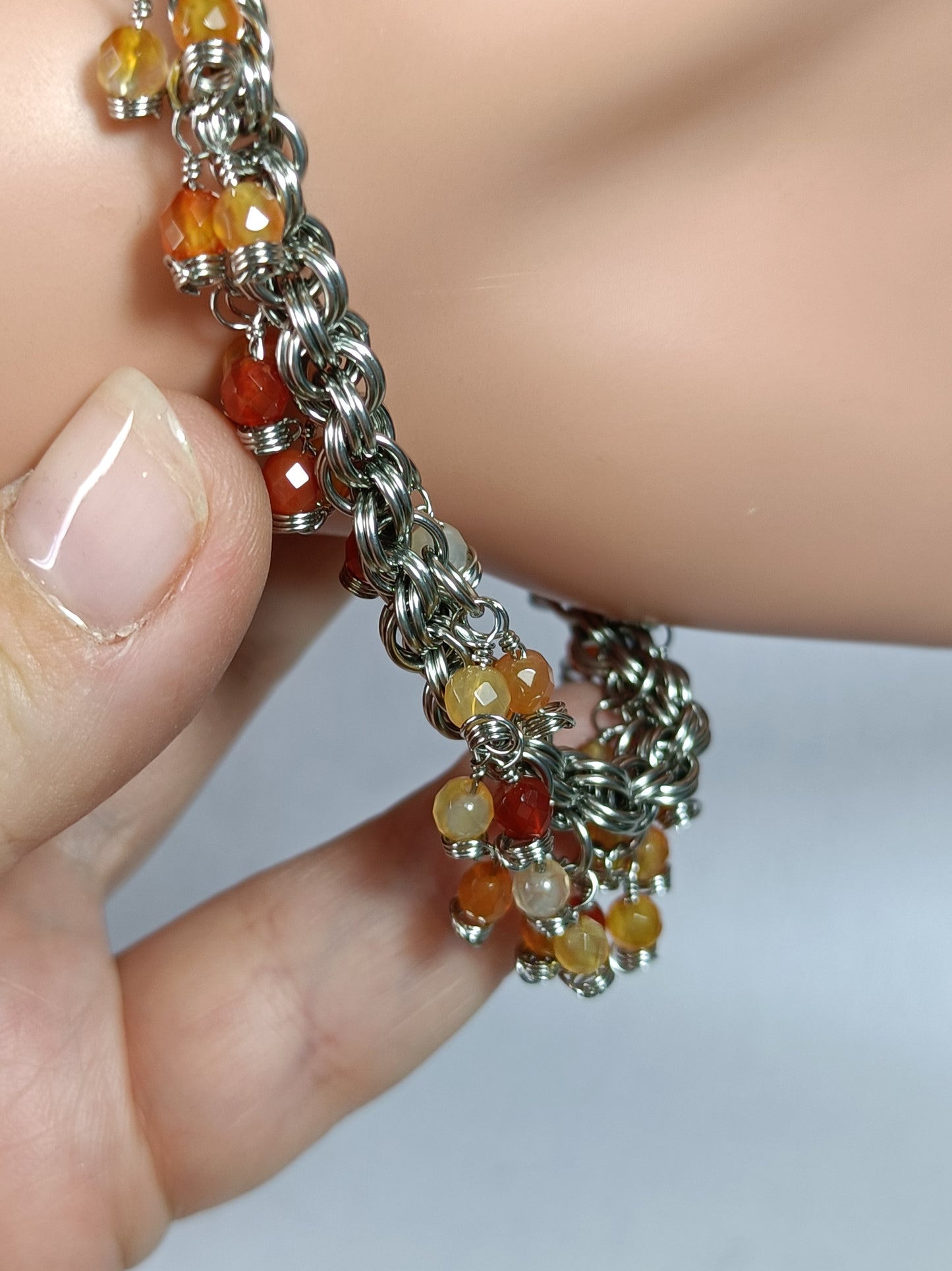 Carnelian 20ga Double Spiral Chainmail Charm Bracelet - Stainless Steel