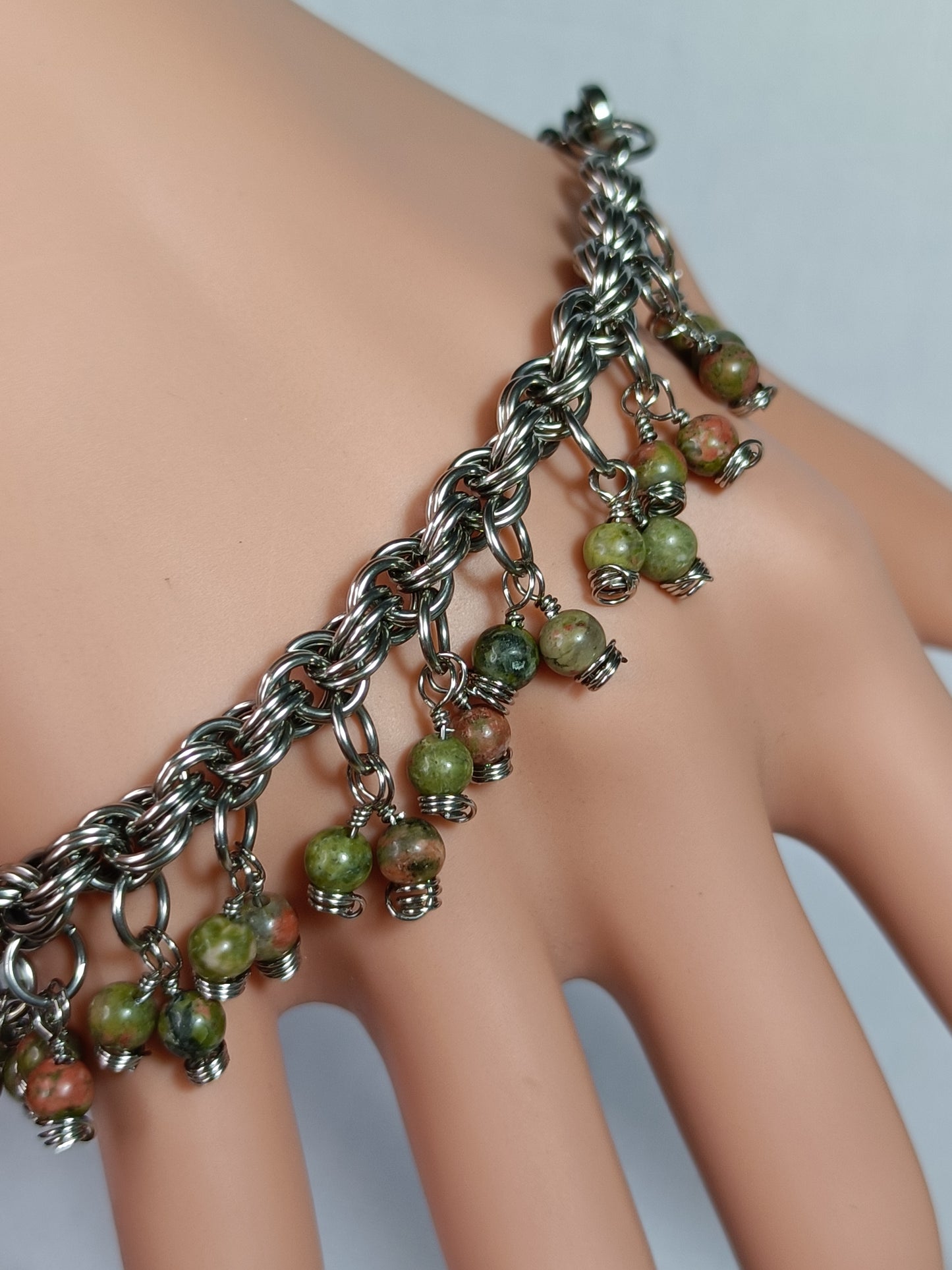 Unakite 20ga Double Spiral Chainmail Charm Bracelet - Stainless Steel