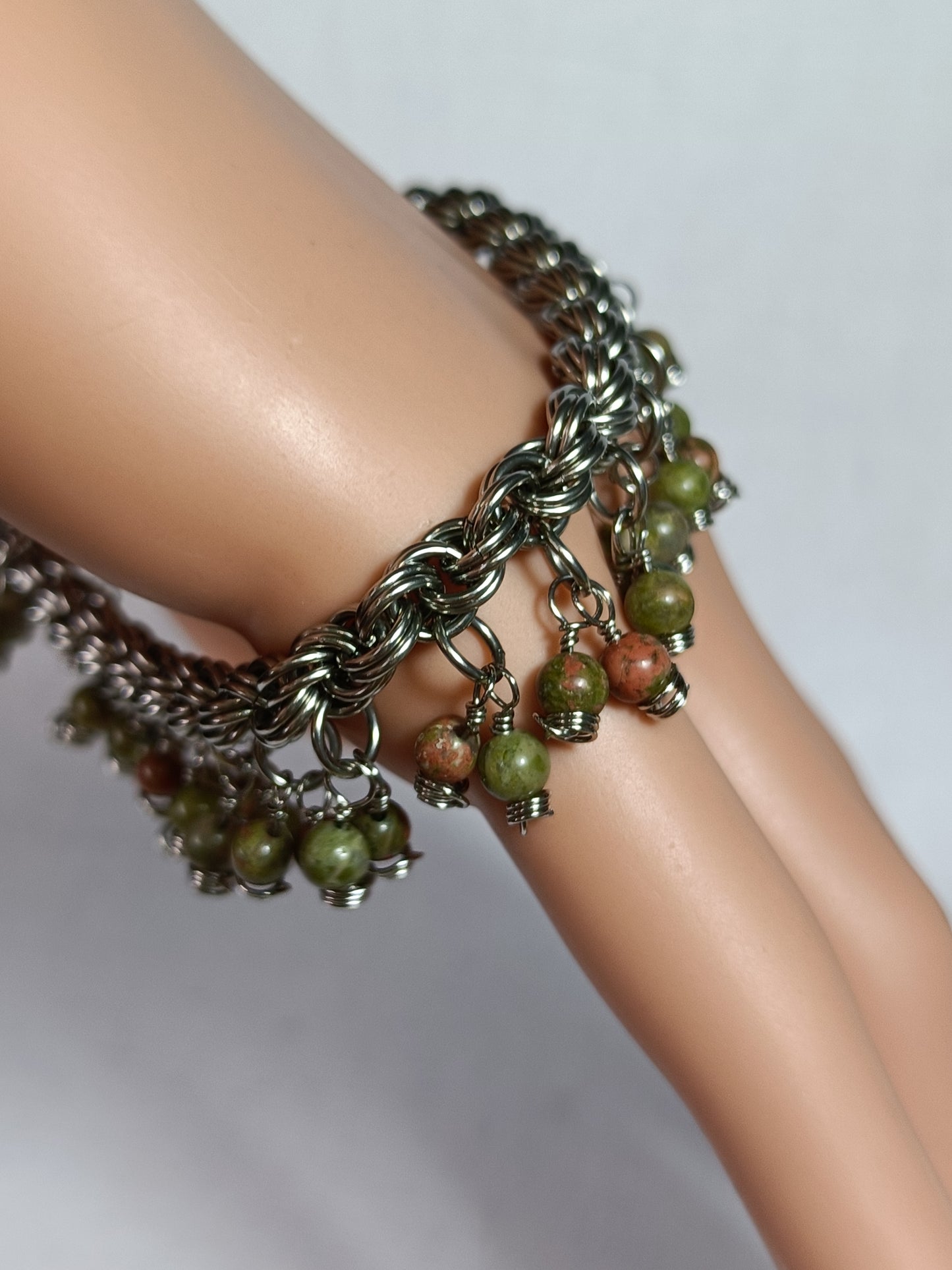 Unakite 20ga Double Spiral Chainmail Charm Bracelet - Stainless Steel