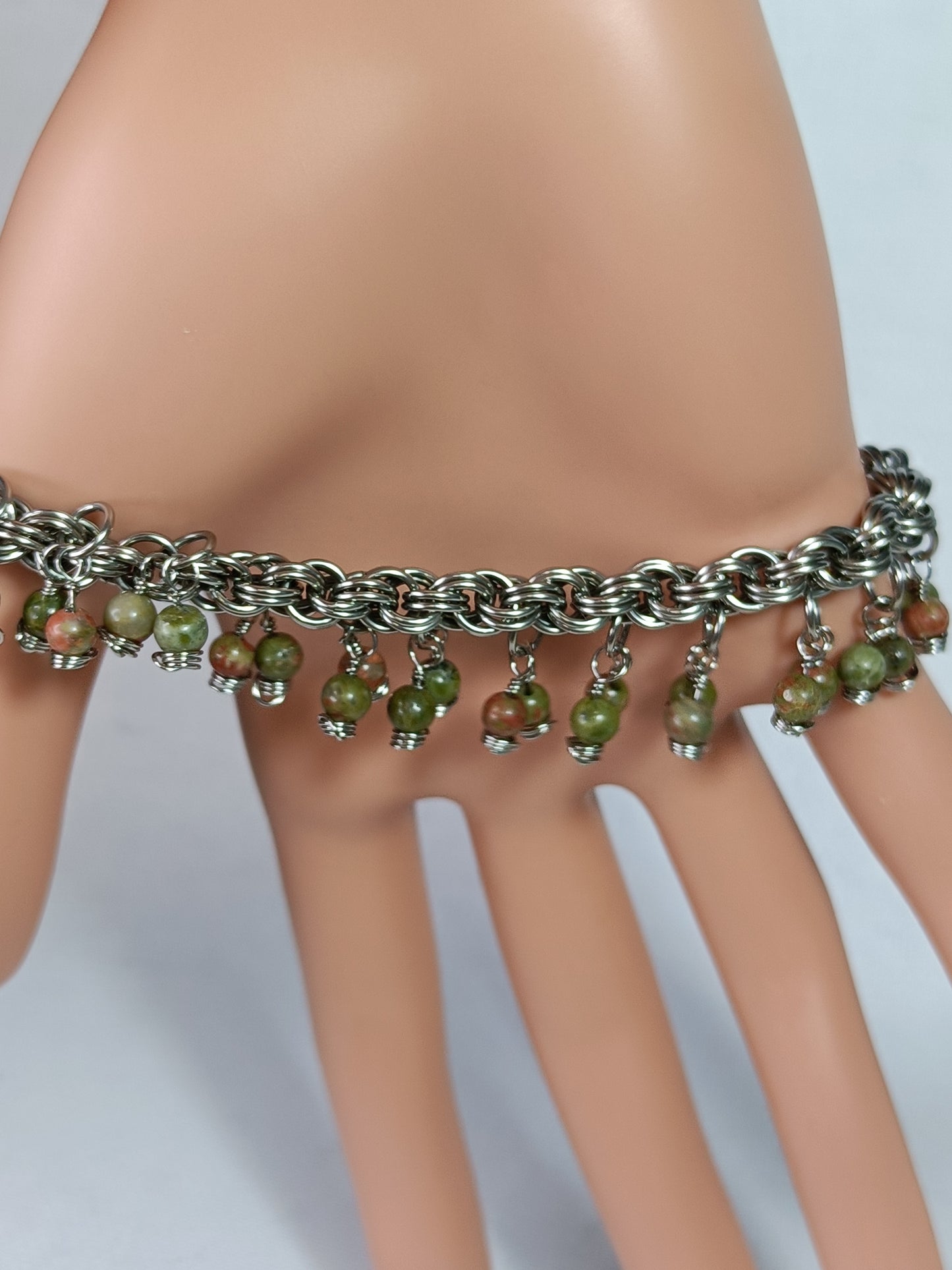 Unakite 20ga Double Spiral Chainmail Charm Bracelet - Stainless Steel