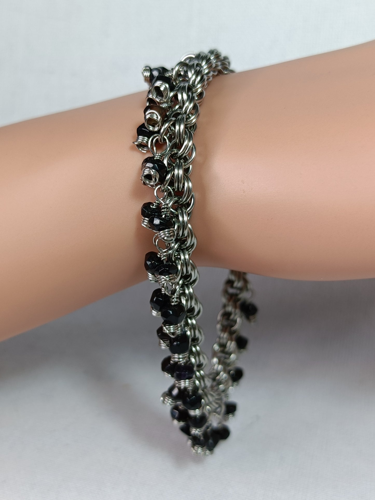 Black Tourmaline 20ga Double Spiral Chainmail Charm Bracelet - Stainless Steel