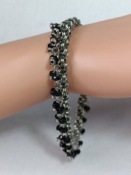 Black Tourmaline 20ga Double Spiral Chainmail Charm Bracelet - Stainless Steel