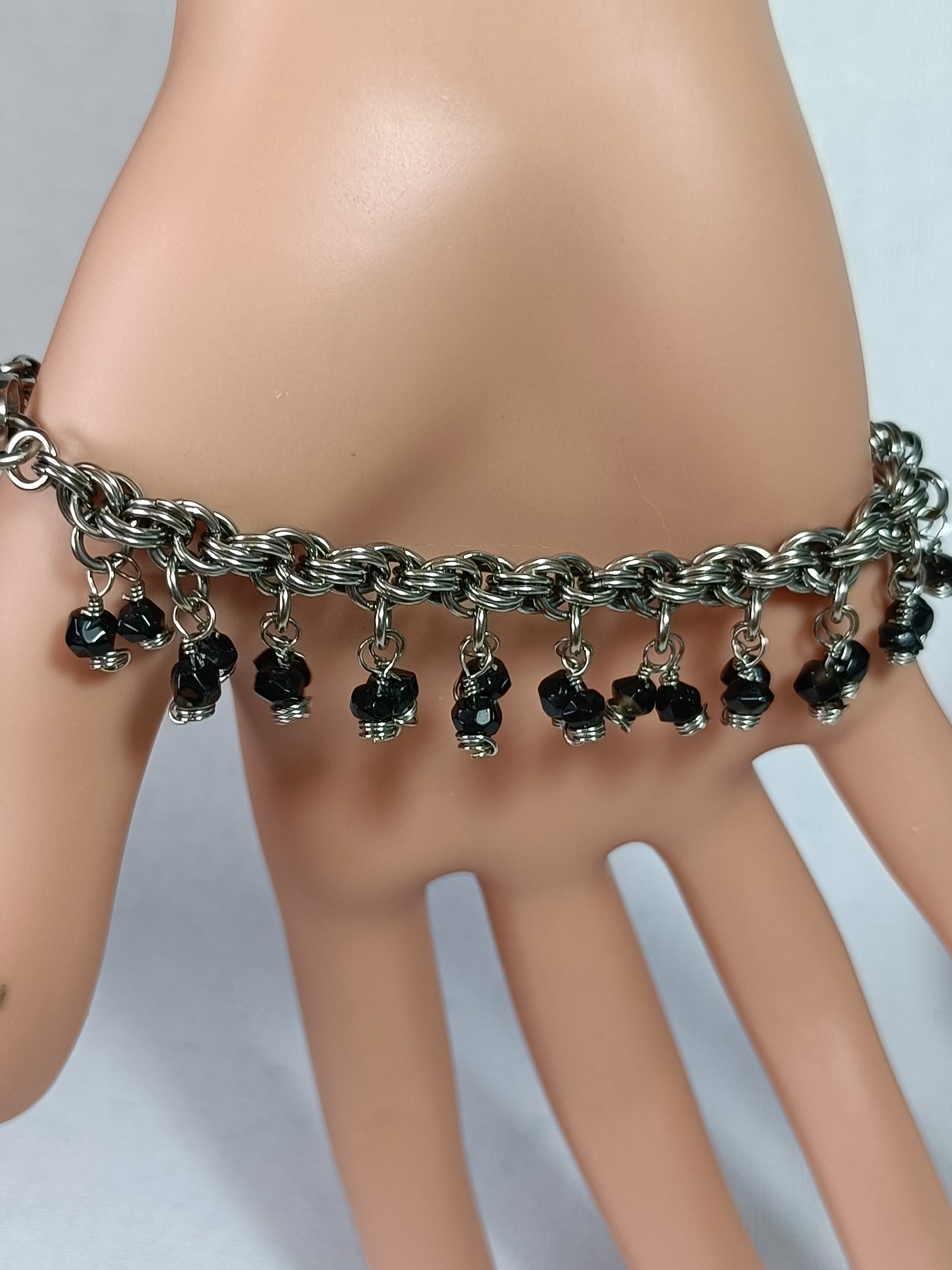 Black Tourmaline 20ga Double Spiral Chainmail Charm Bracelet - Stainless Steel