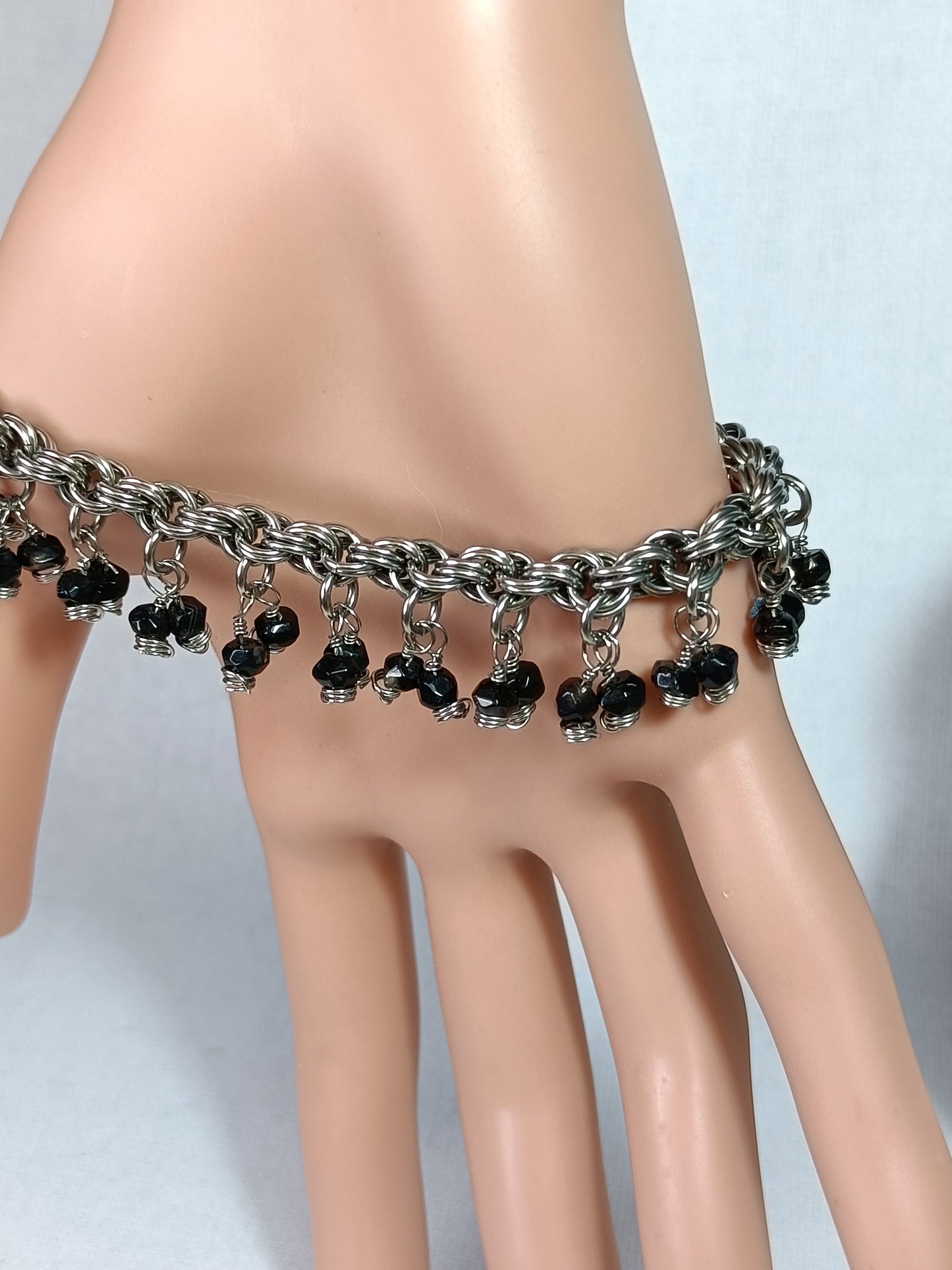 Black Tourmaline 20ga Double Spiral Chainmail Charm Bracelet - Stainless Steel