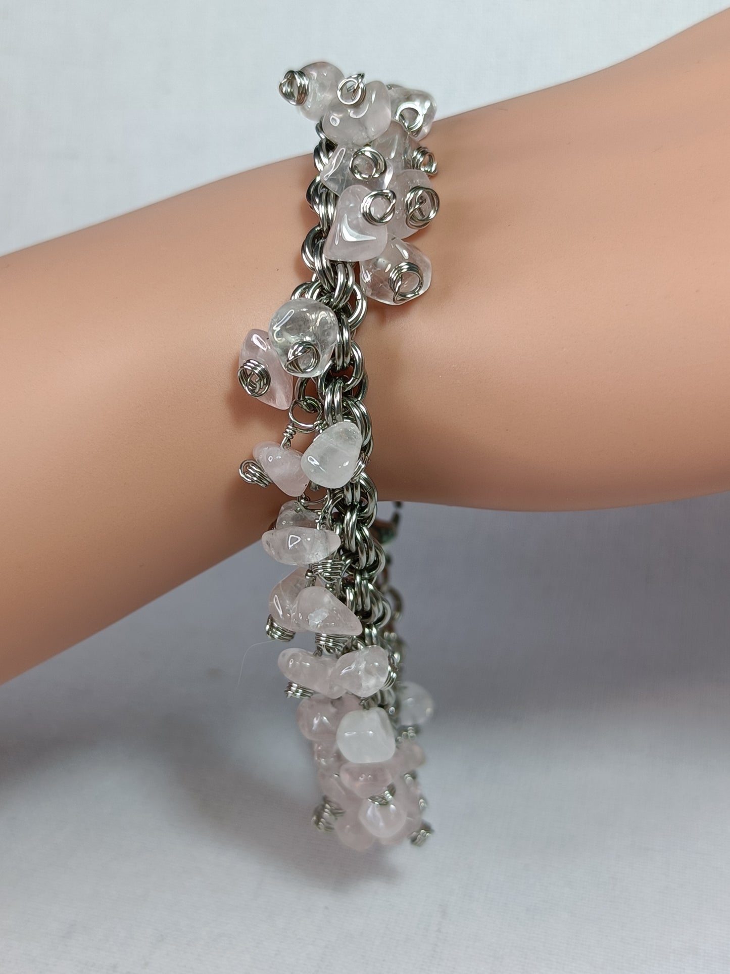 Rose Quartz 20ga Double Spiral Chainmail Charm Bracelet - Stainless Steel