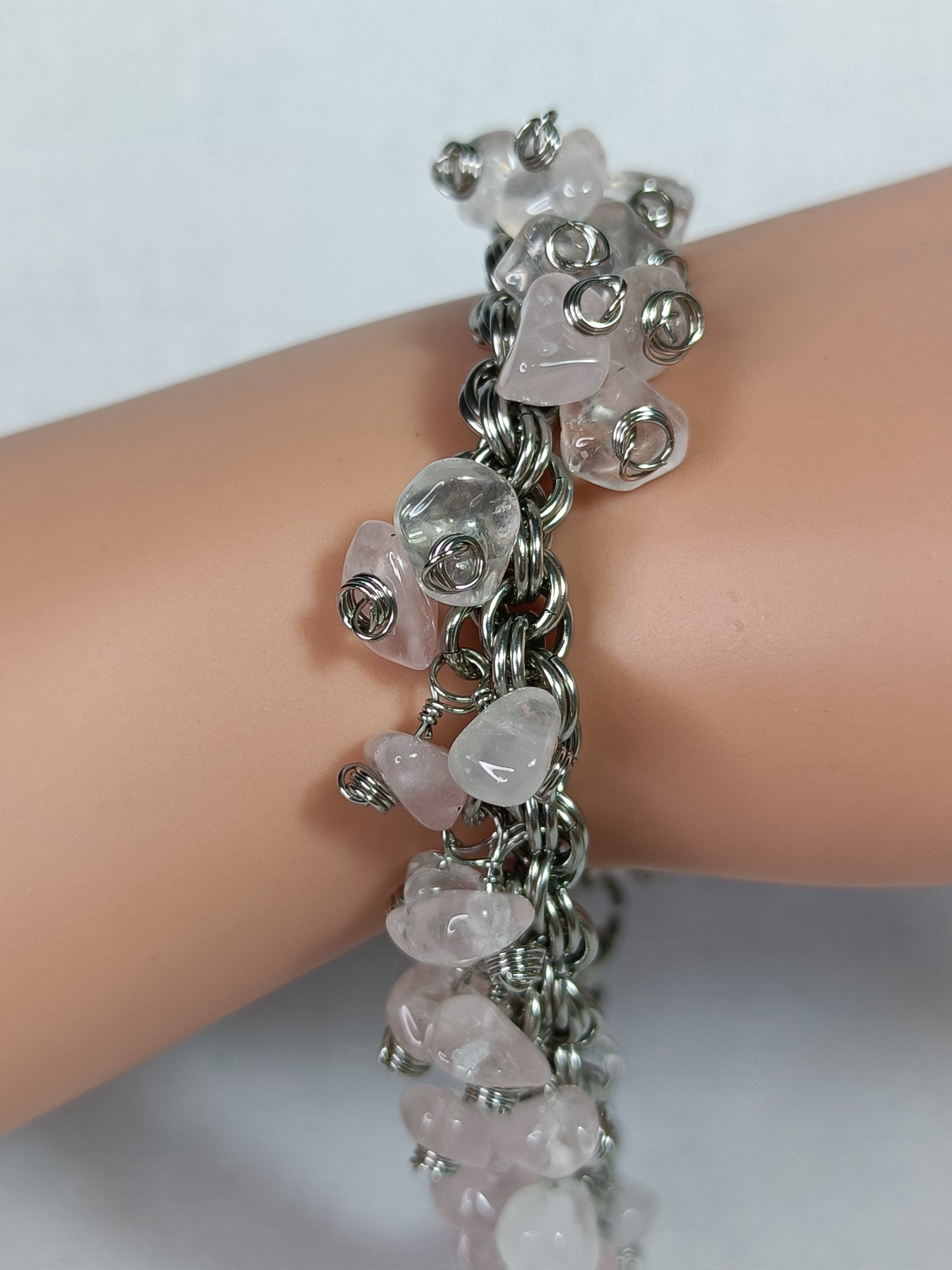 Rose Quartz 20ga Double Spiral Chainmail Charm Bracelet - Stainless Steel
