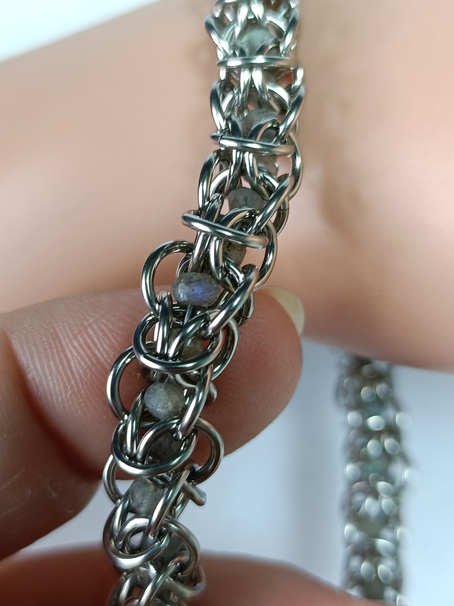 Labradorite 18ga Stabilised Elfweave Chainmail Bracelet - Stainless Steel