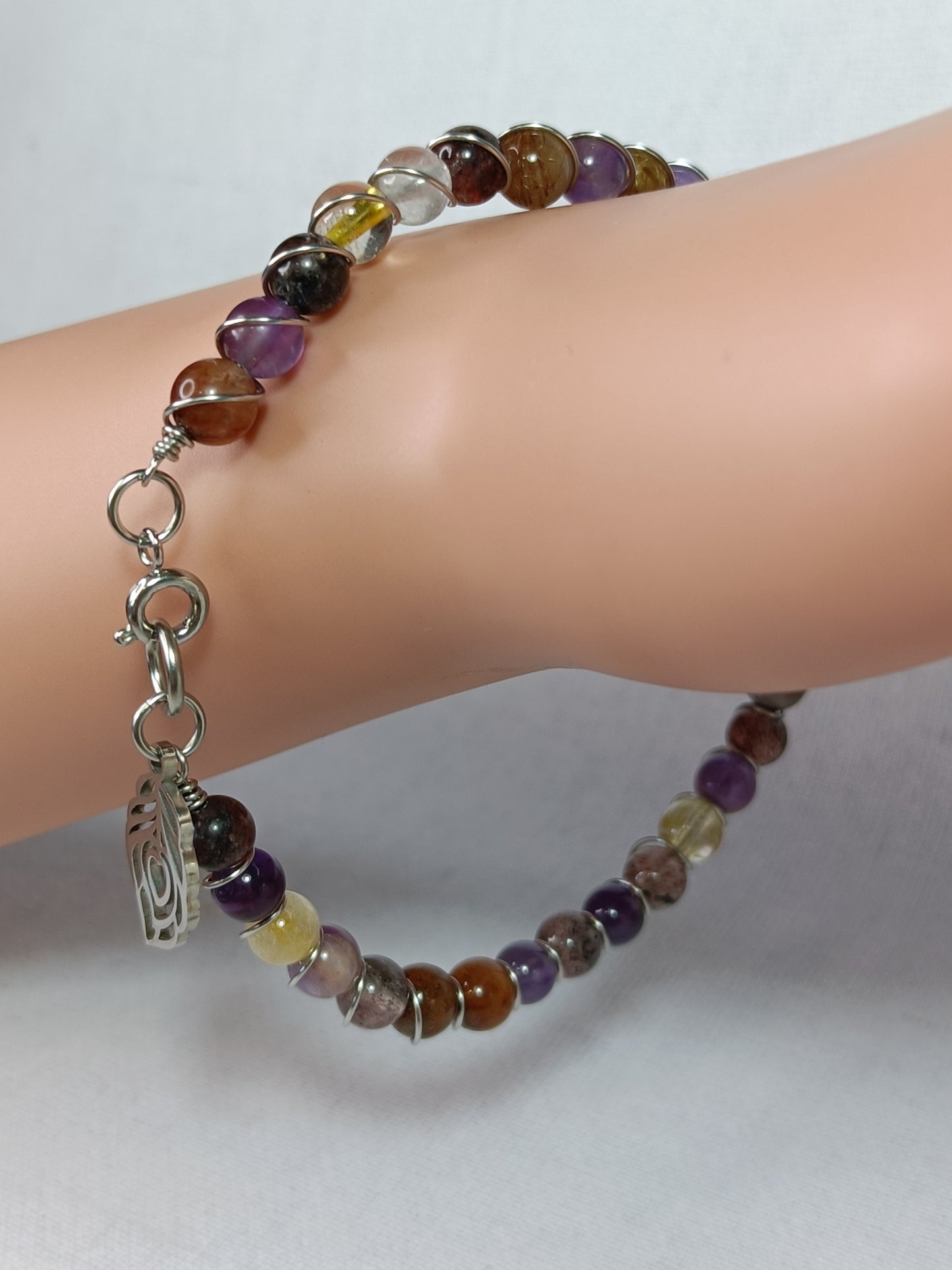 'Auralite' Included Quartz Beaded Wrap Bracelet - Stainless Steel