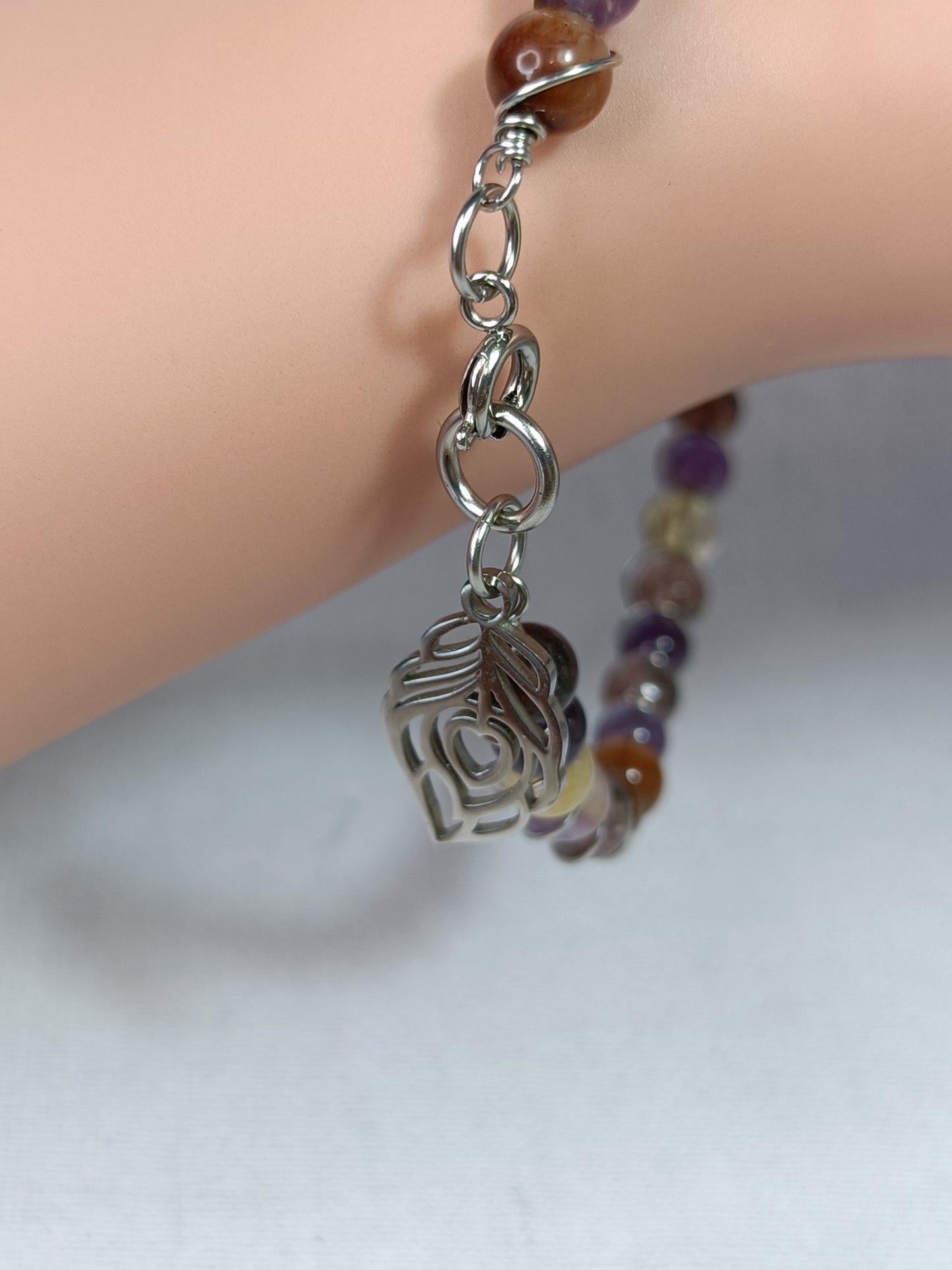 'Auralite' Included Quartz Beaded Wrap Bracelet - Stainless Steel