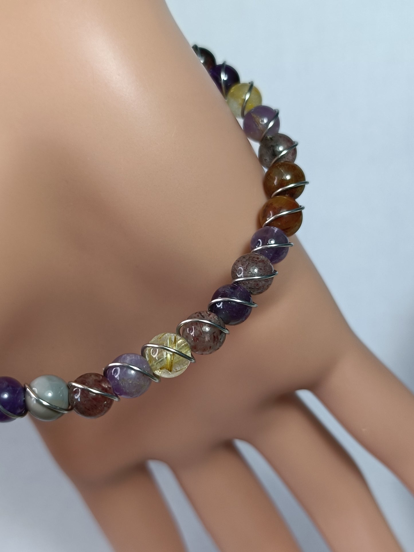 'Auralite' Included Quartz Beaded Wrap Bracelet - Stainless Steel