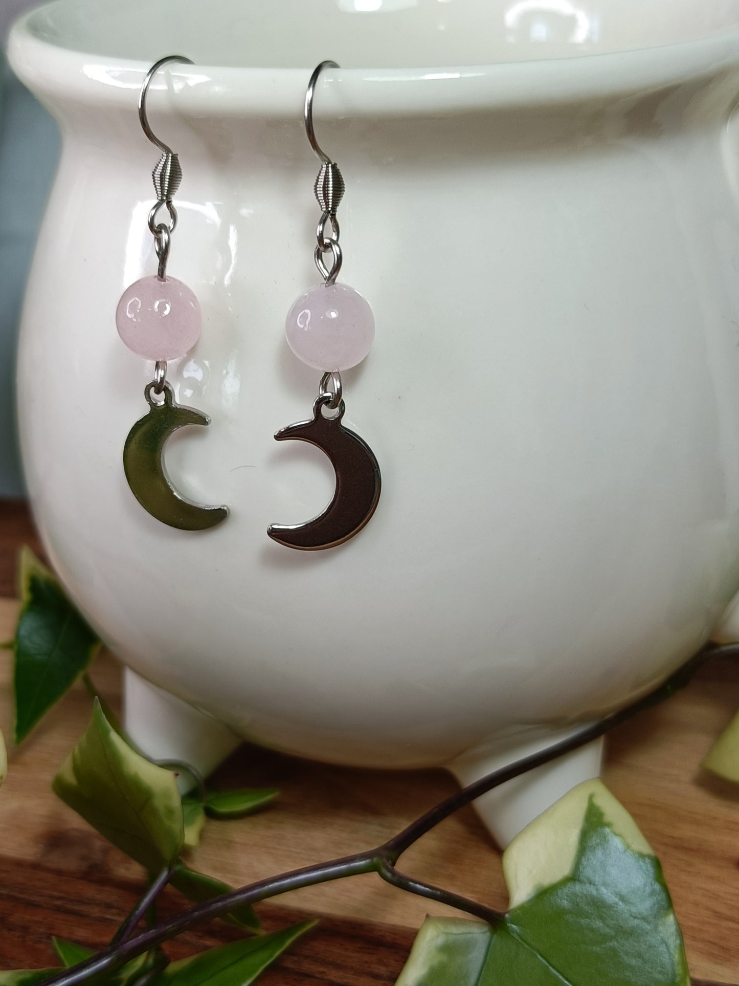 Rose Quartz Moon Earrings - Stainless Steel