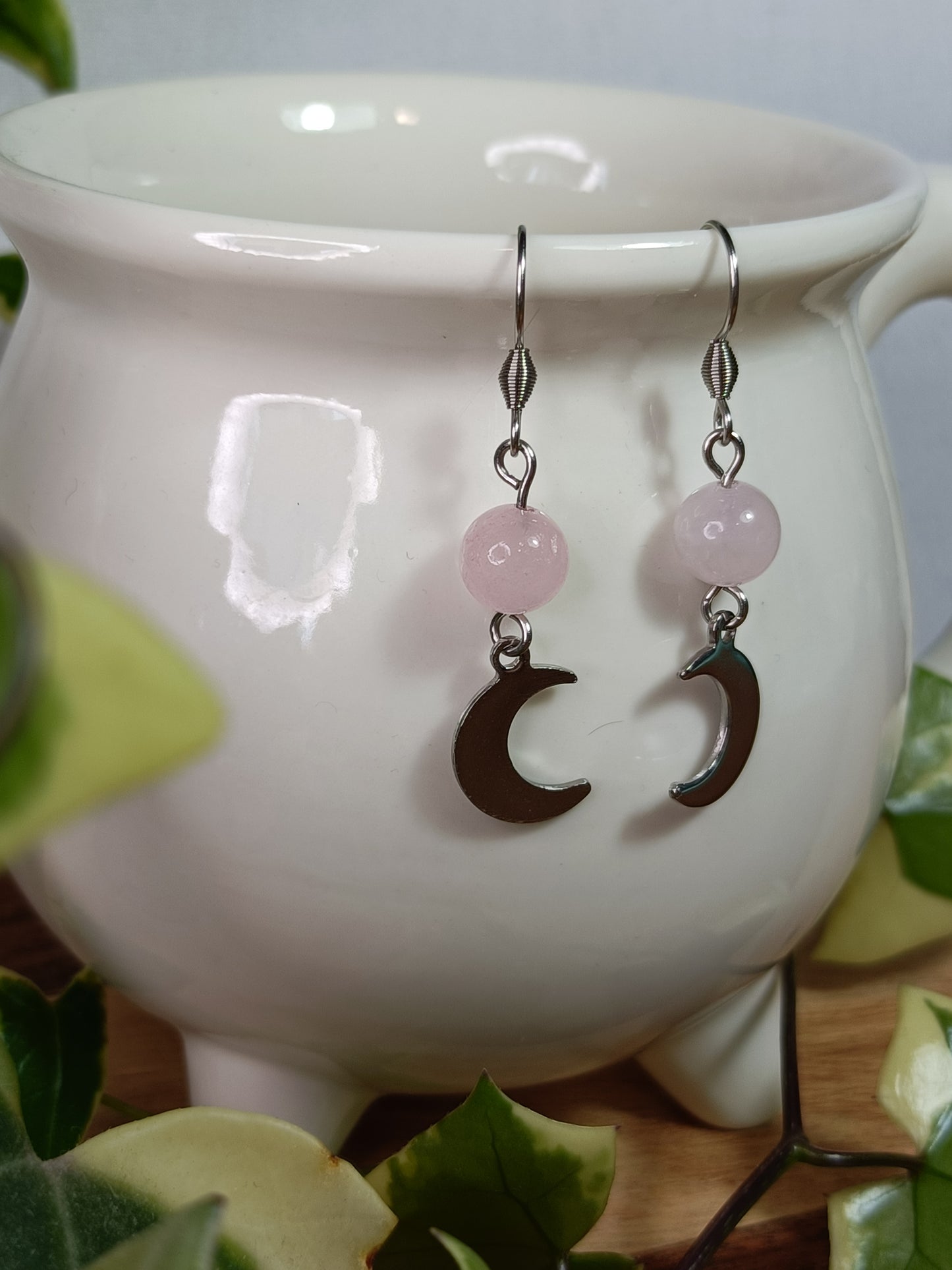 Rose Quartz Moon Earrings - Stainless Steel