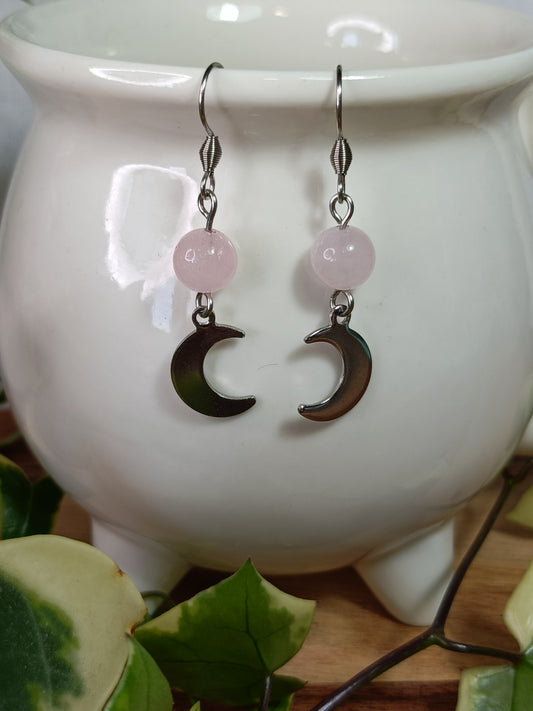 Rose Quartz Moon Earrings - Stainless Steel