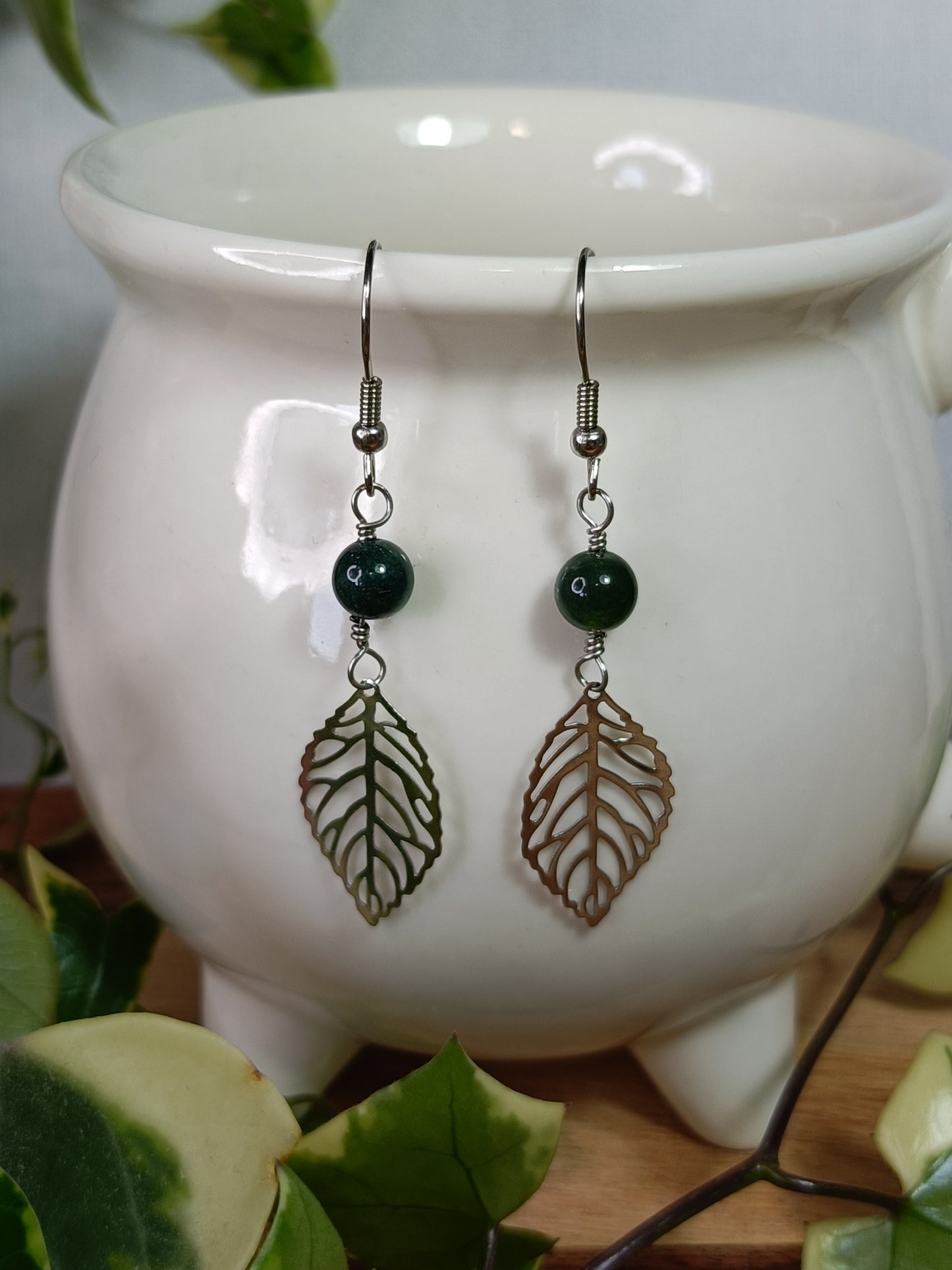 Moss Agate and Filigree Leaf Earrings - Stainless Steel