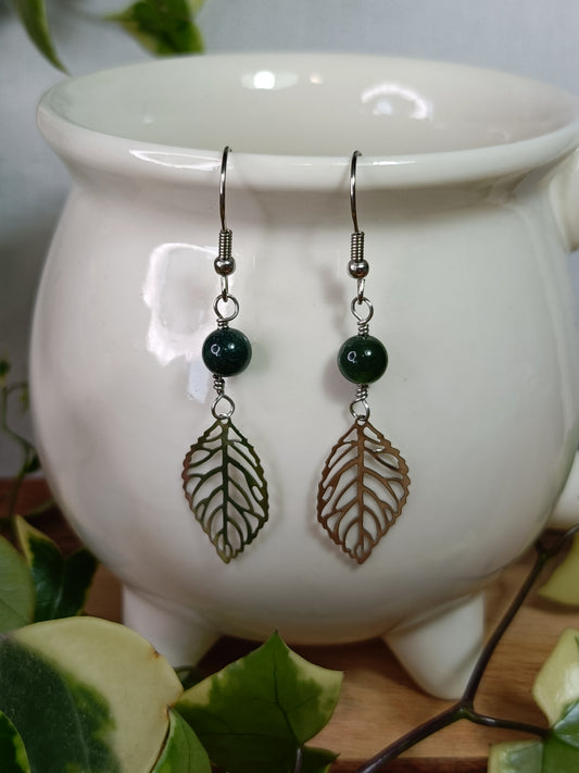 Moss Agate and Filigree Leaf Earrings - Stainless Steel