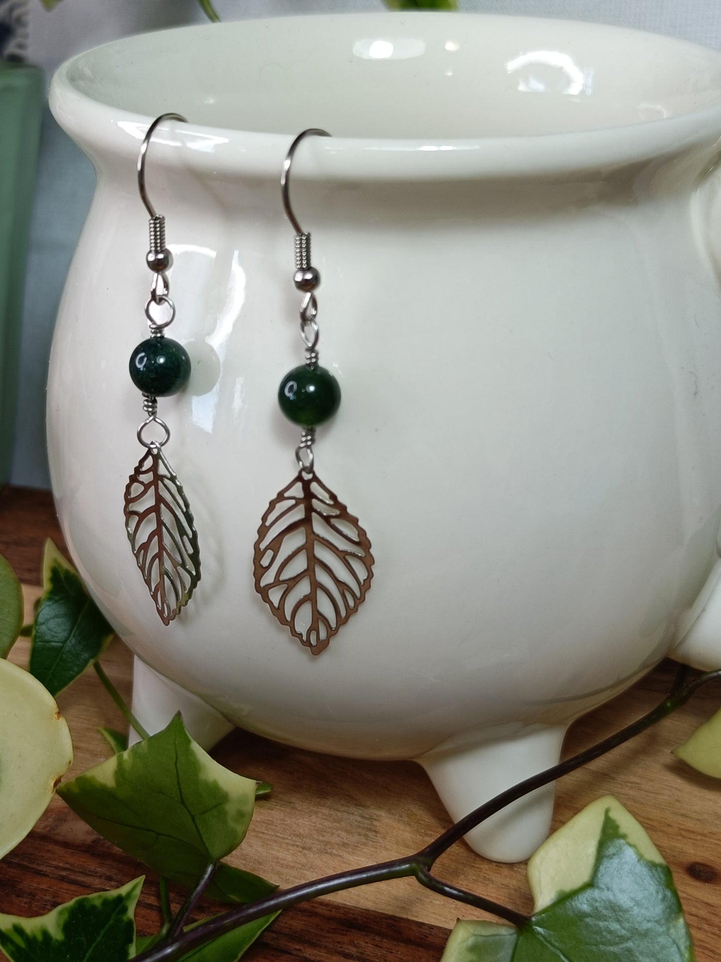 Moss Agate and Filigree Leaf Earrings - Stainless Steel