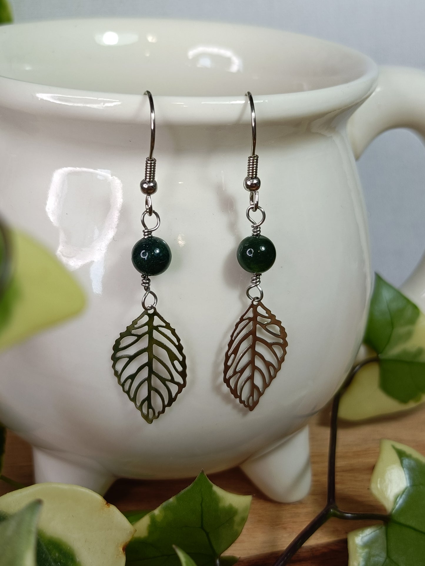 Moss Agate and Filigree Leaf Earrings - Stainless Steel