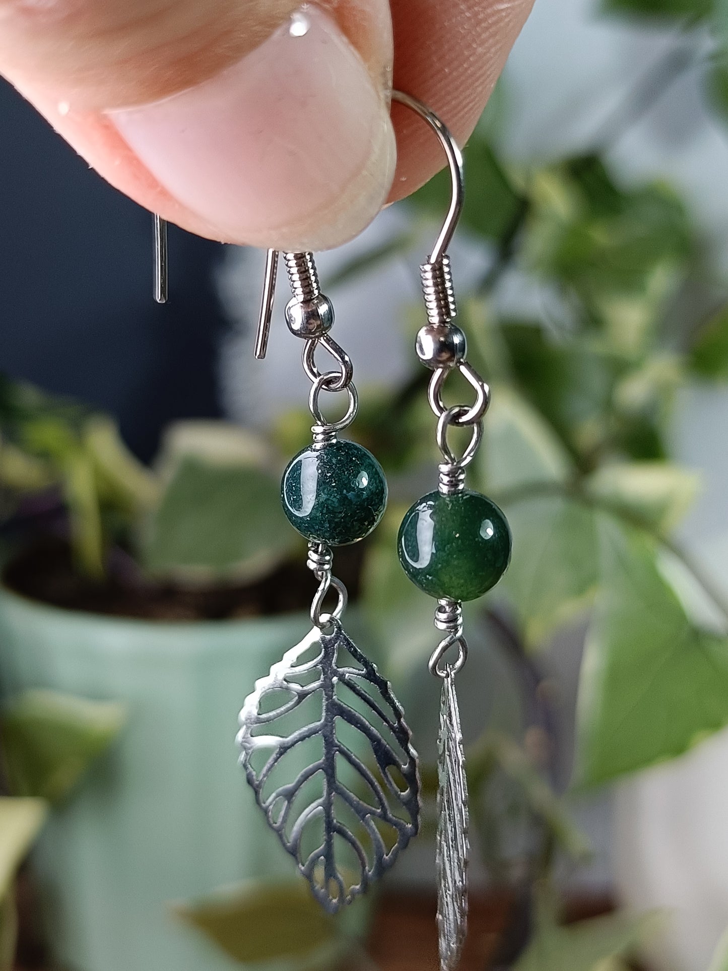 Moss Agate and Filigree Leaf Earrings - Stainless Steel