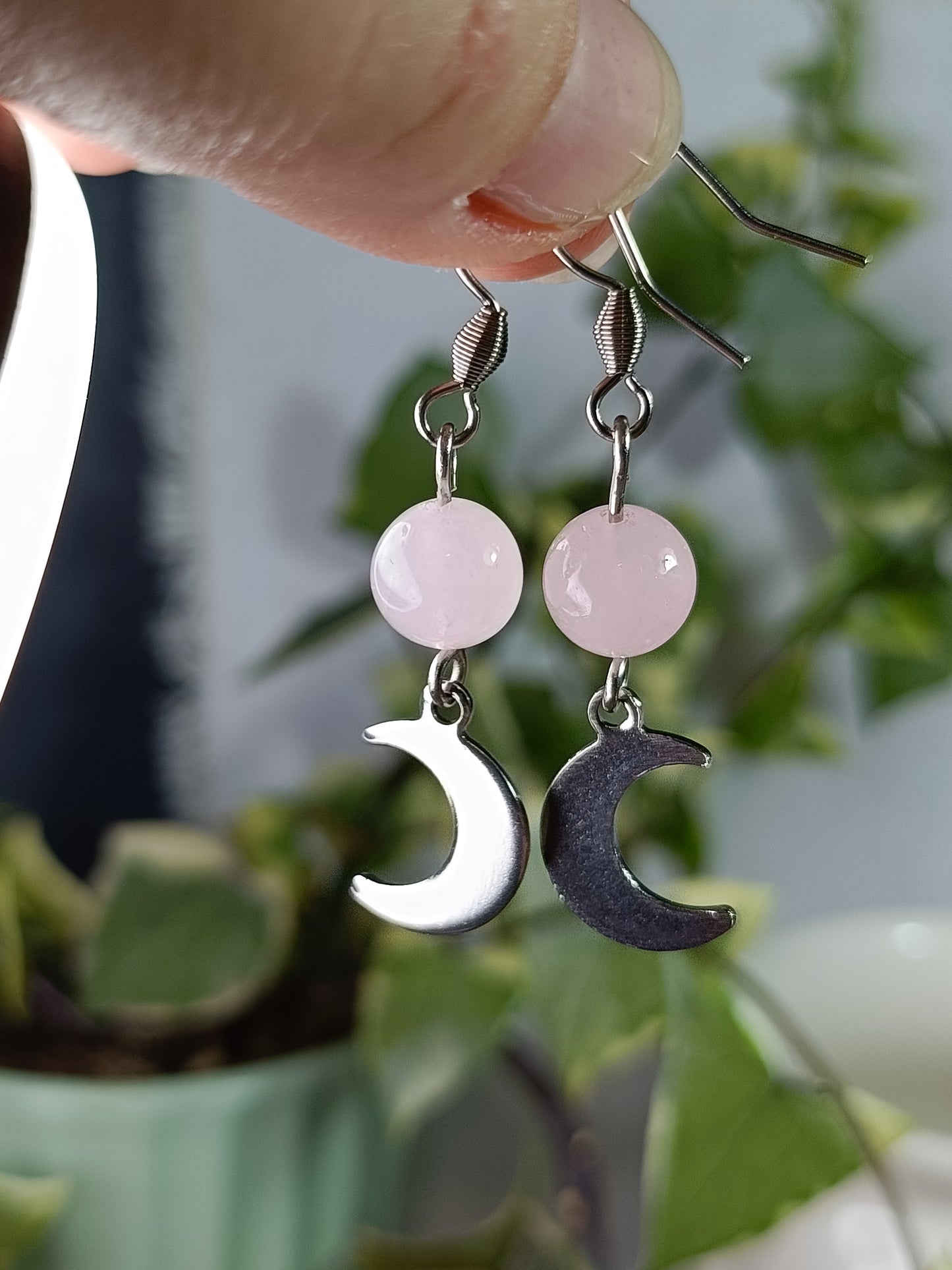 Rose Quartz Moon Earrings - Stainless Steel