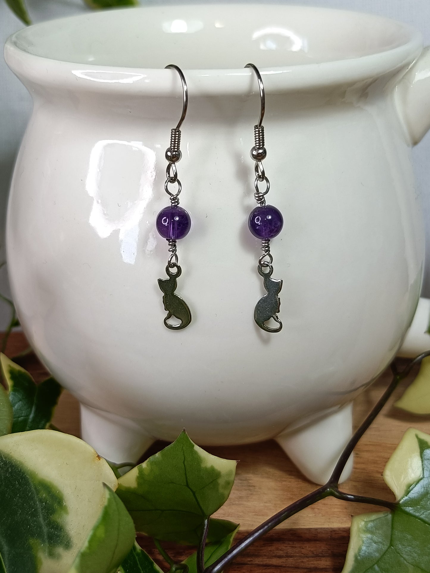 Amethyst and Cat Earrings - Stainless Steel