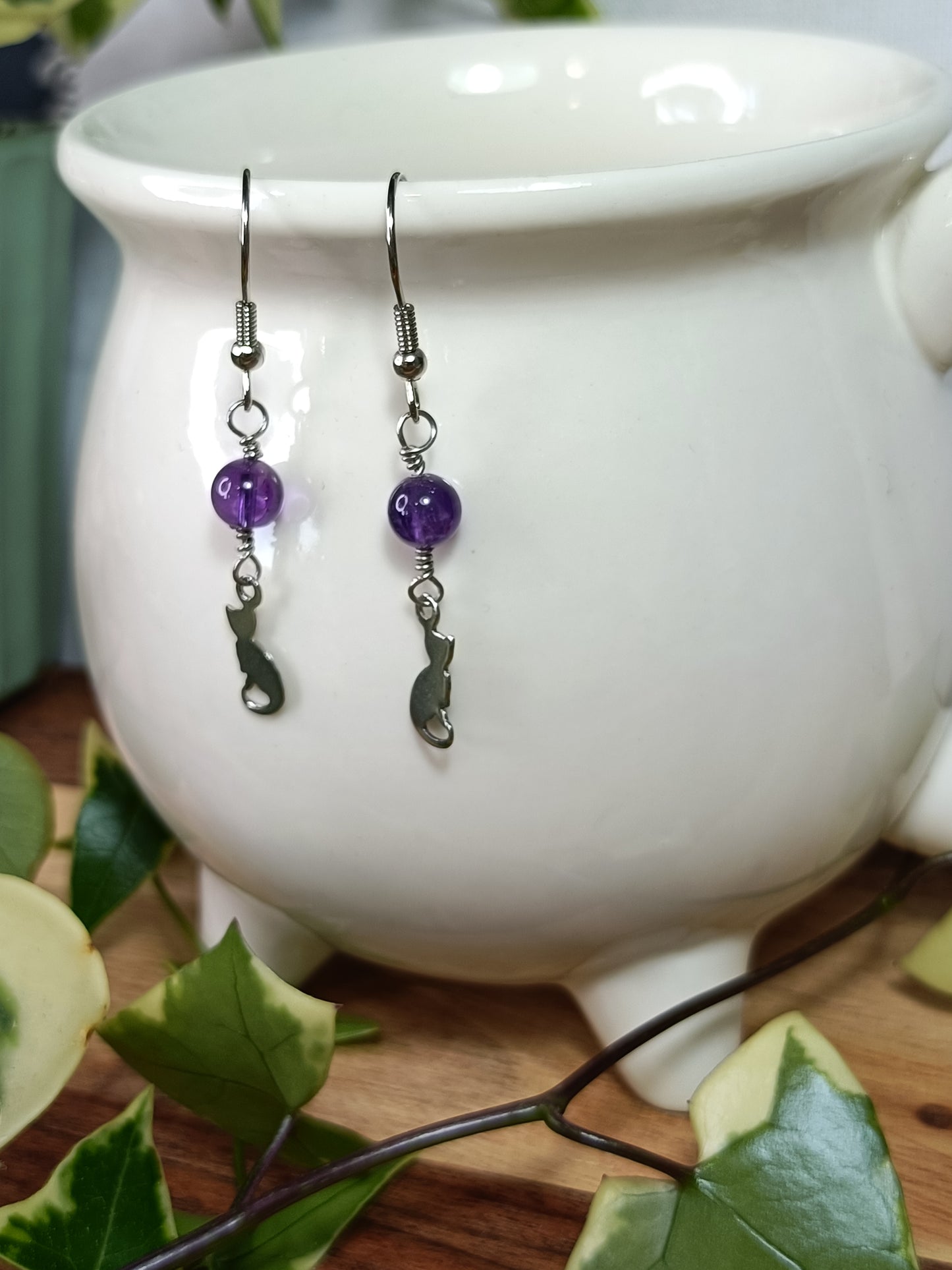 Amethyst and Cat Earrings - Stainless Steel