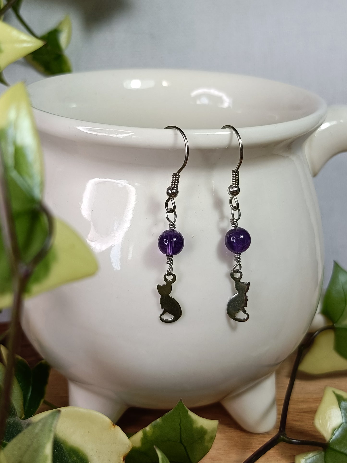 Amethyst and Cat Earrings - Stainless Steel