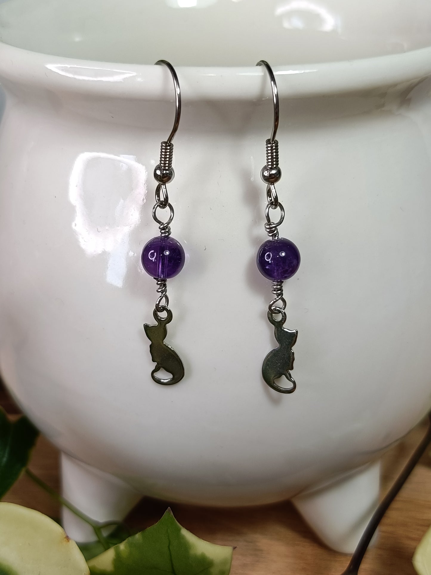 Amethyst and Cat Earrings - Stainless Steel