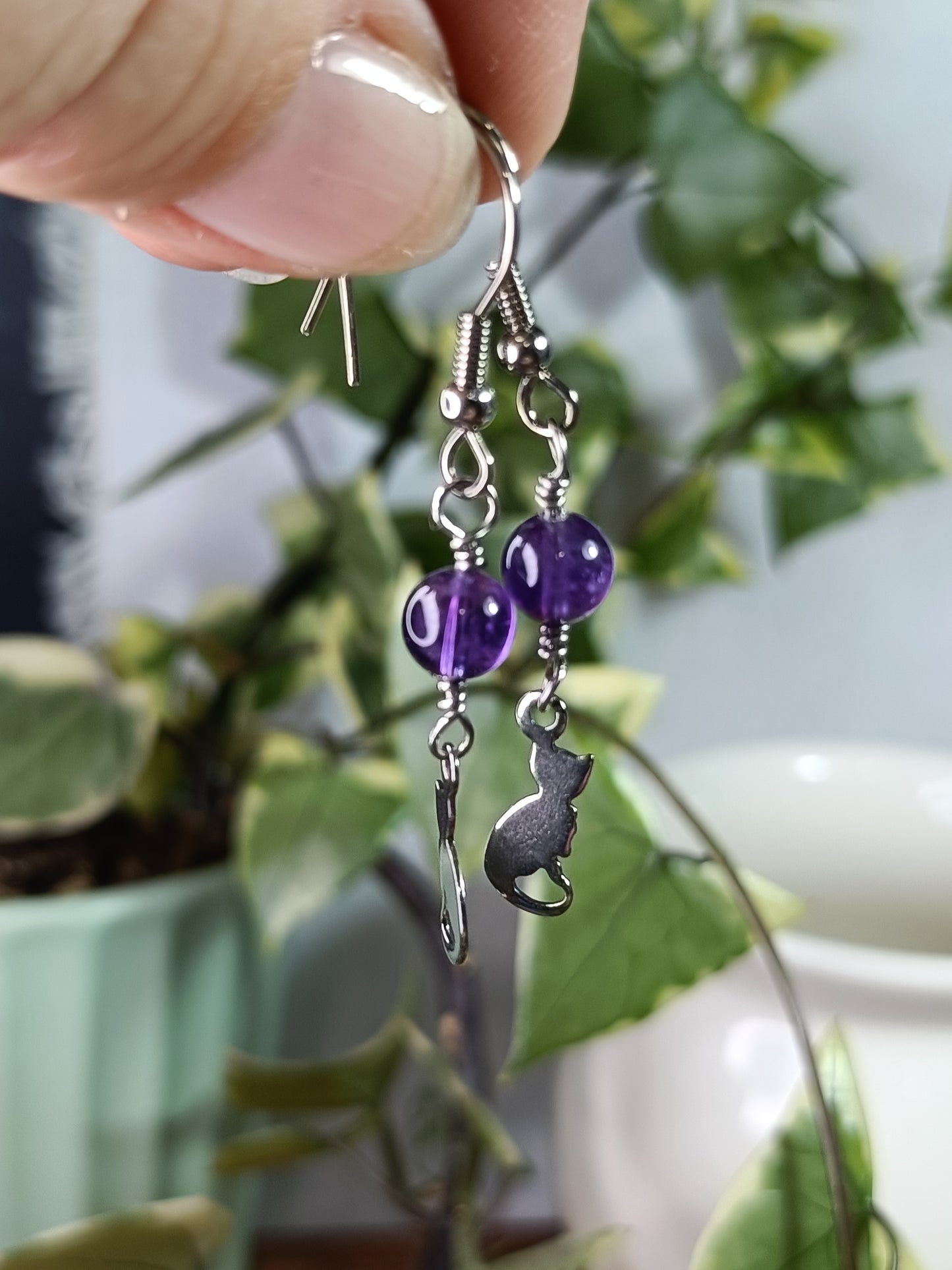 Amethyst and Cat Earrings - Stainless Steel