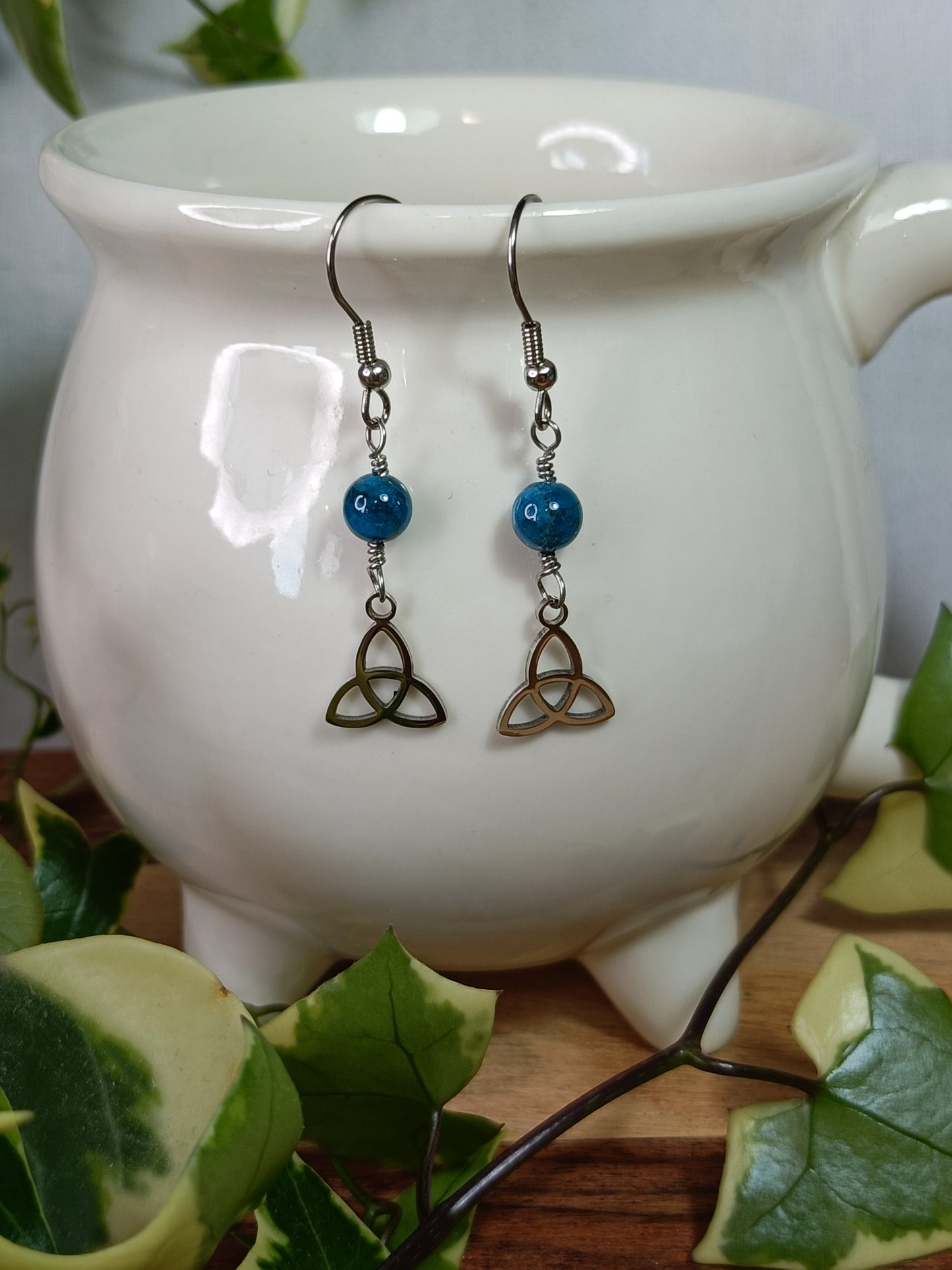 Blue Apatite and Triquetra Earrings - Stainless Steel