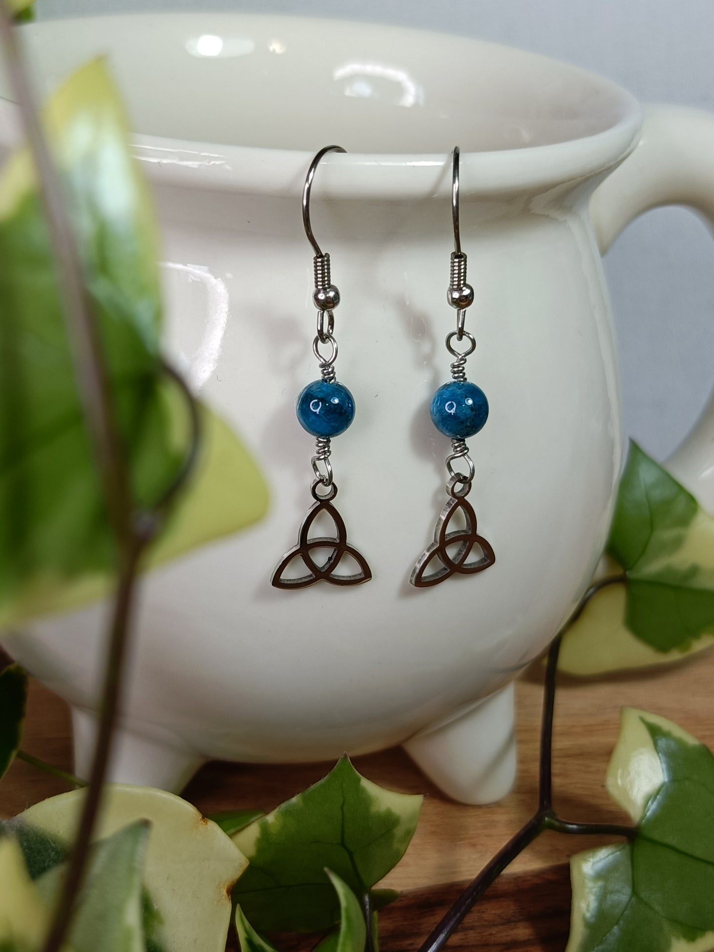 Blue Apatite and Triquetra Earrings - Stainless Steel