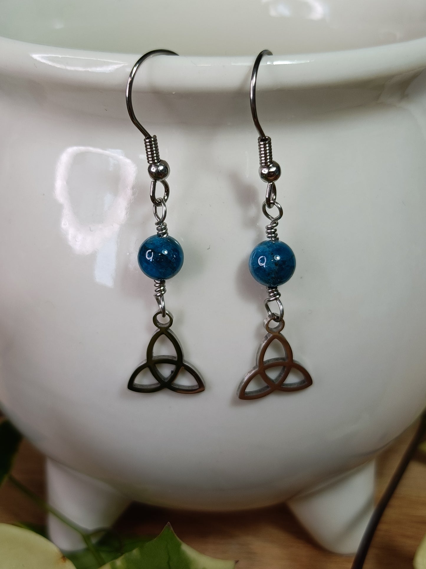 Blue Apatite and Triquetra Earrings - Stainless Steel