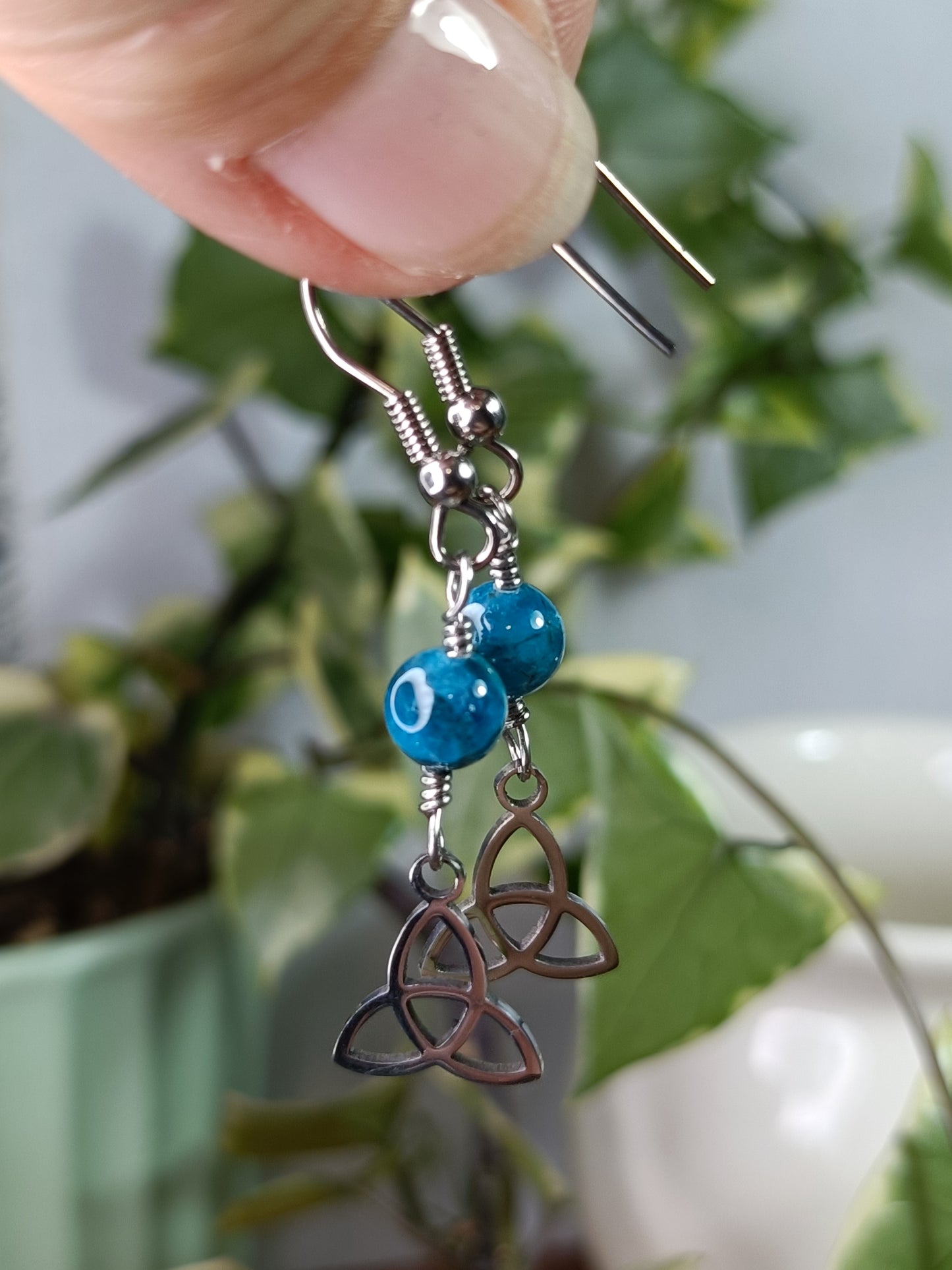 Blue Apatite and Triquetra Earrings - Stainless Steel