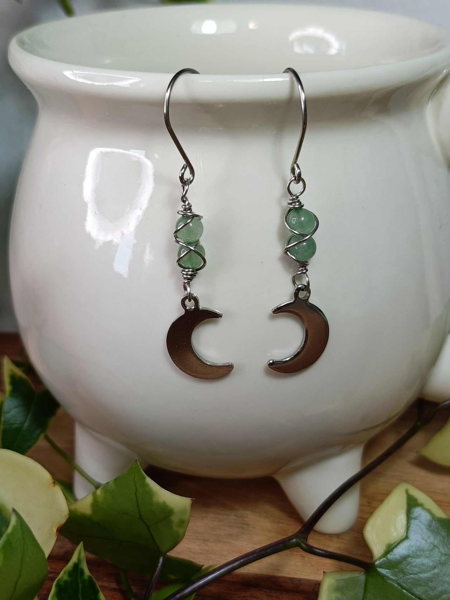 Green Adventurine Moon Earrings - Stainless Steel