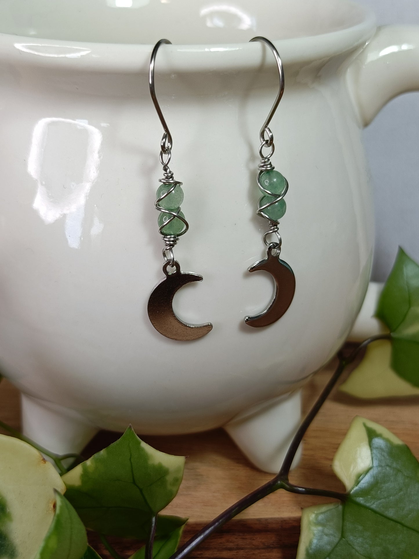 Green Adventurine Moon Earrings - Stainless Steel