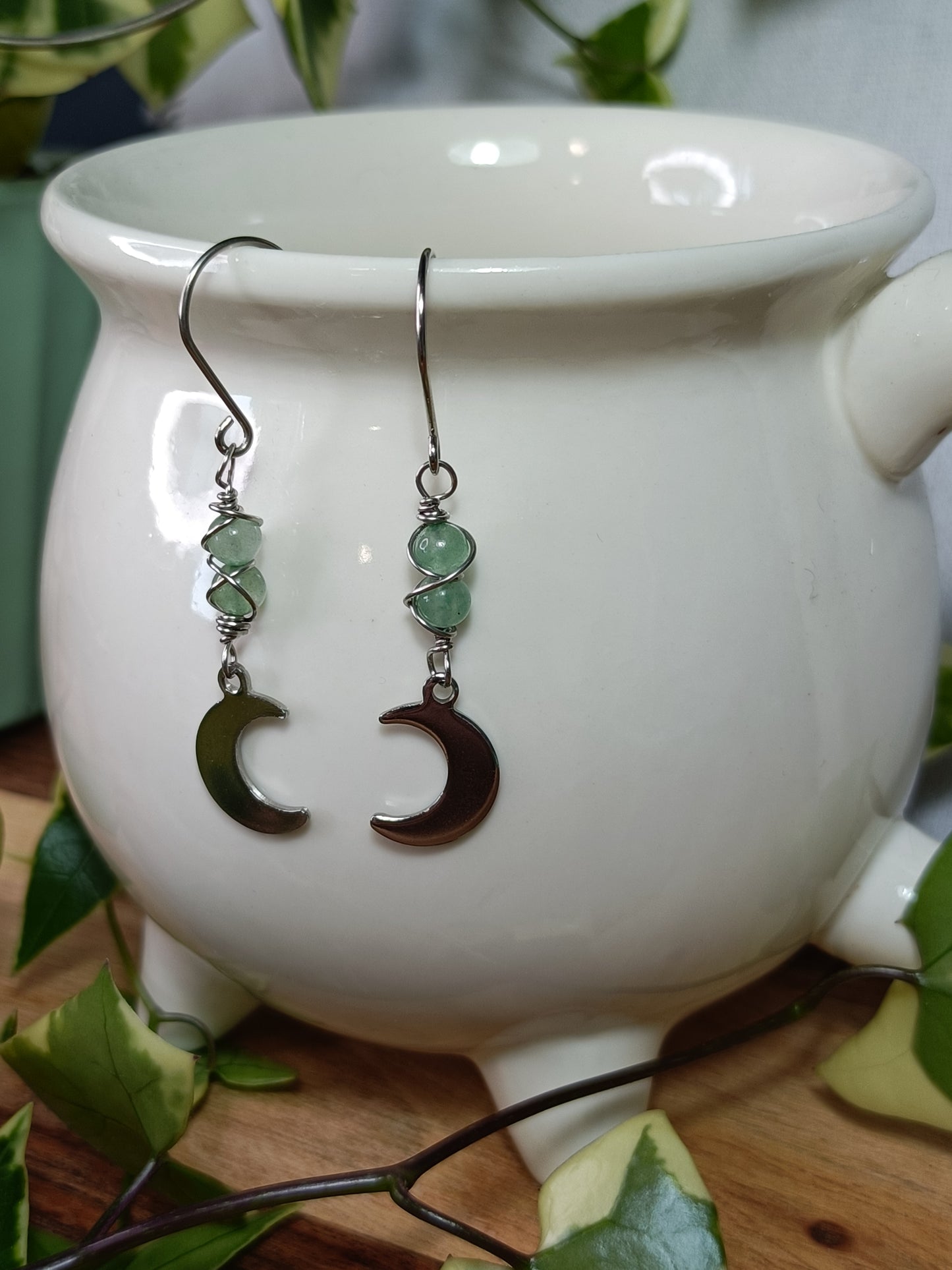 Green Adventurine Moon Earrings - Stainless Steel