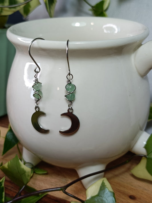 Green Adventurine Moon Earrings - Stainless Steel