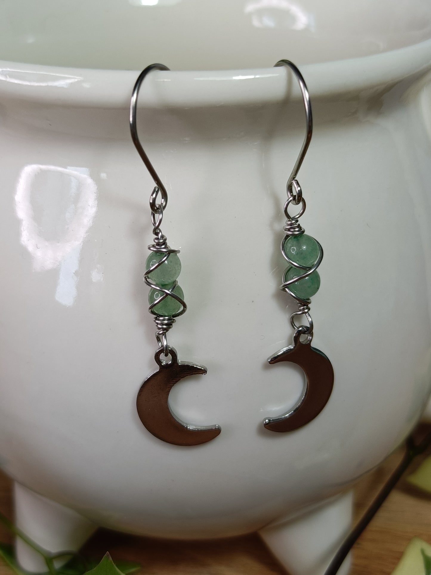 Green Adventurine Moon Earrings - Stainless Steel