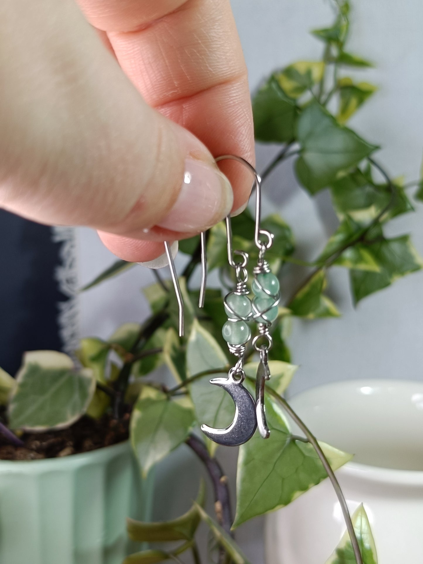 Green Adventurine Moon Earrings - Stainless Steel