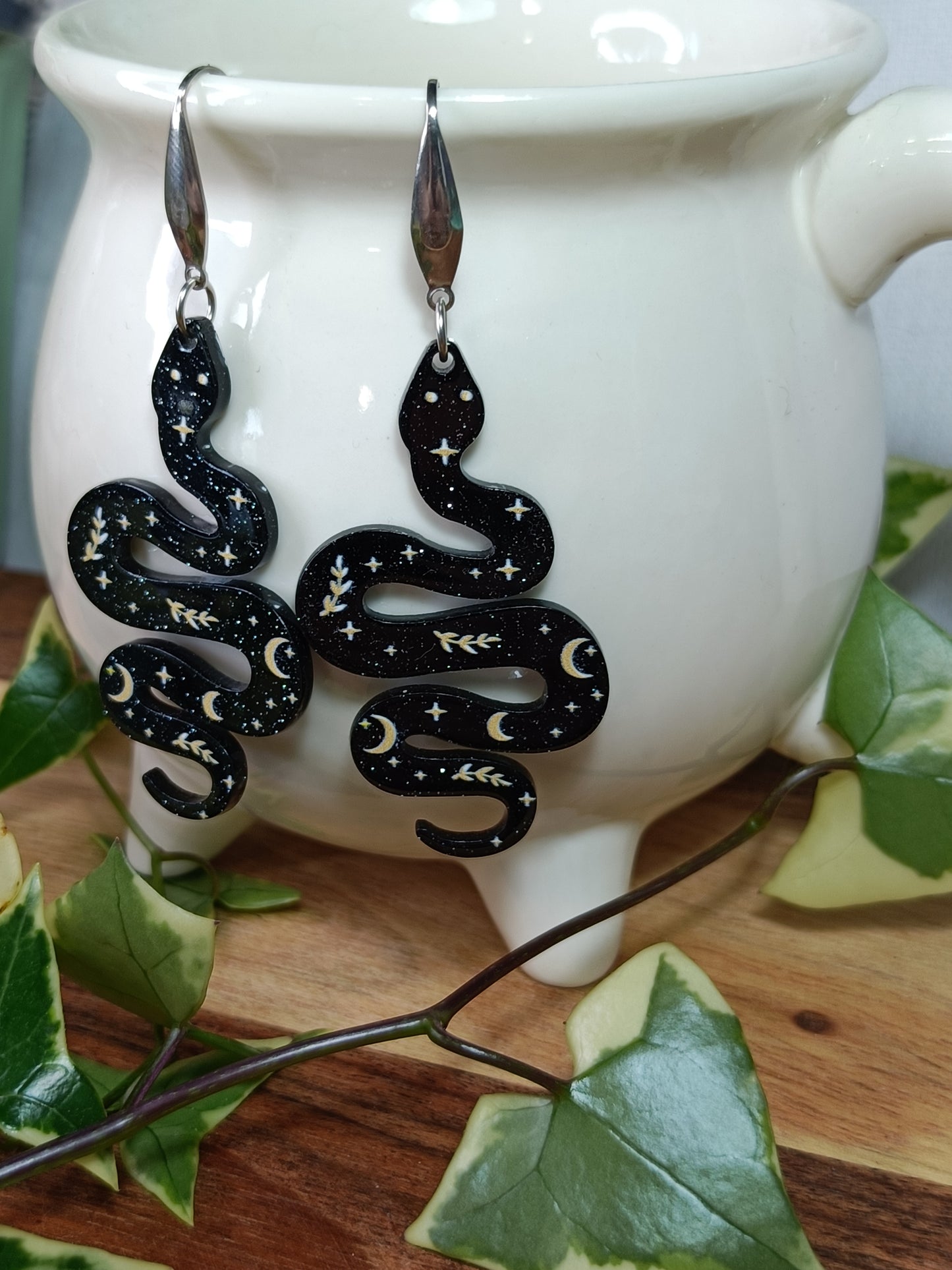 Resin Celestial Snake Earrings - Stainless Steel
