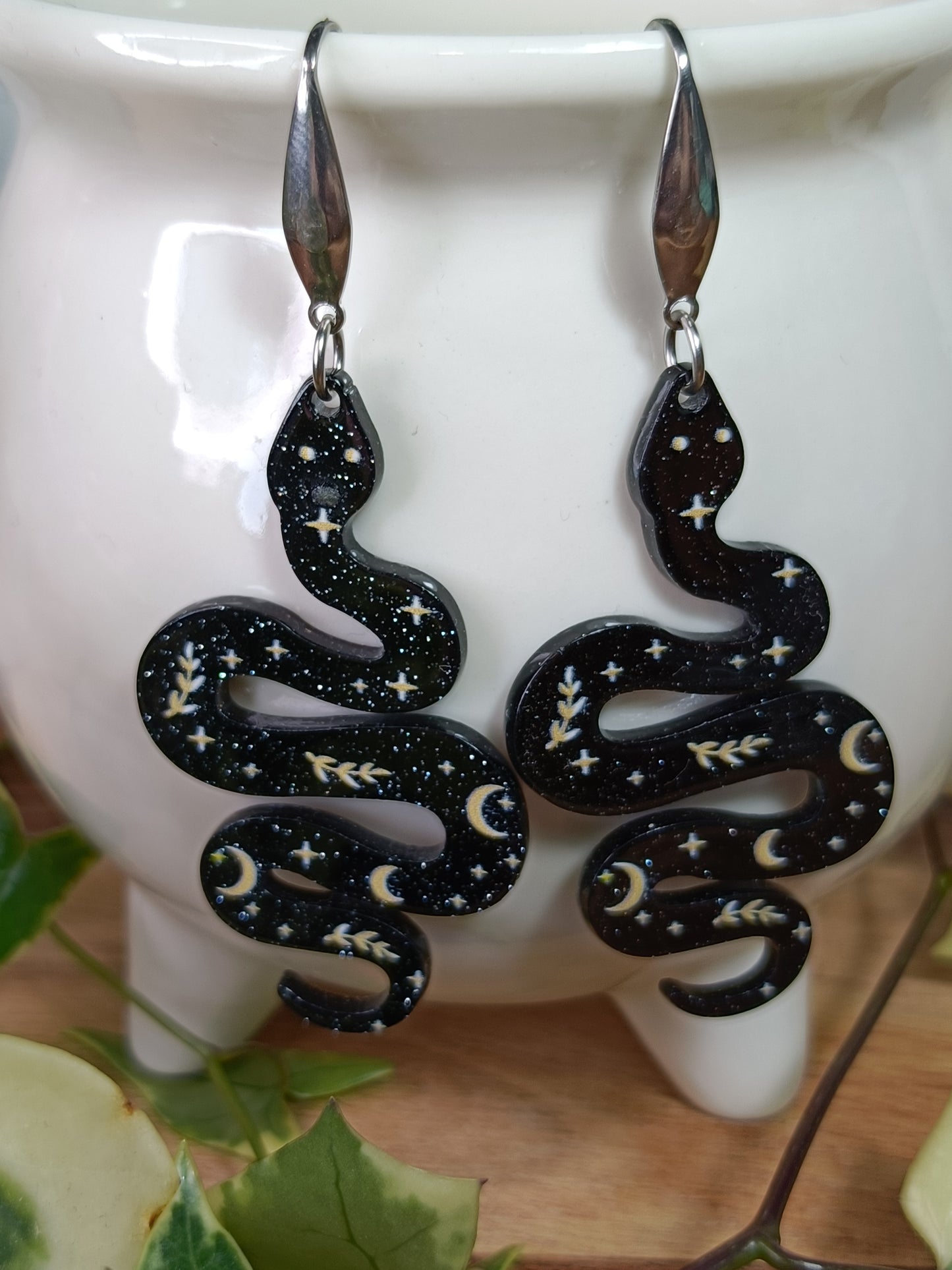 Resin Celestial Snake Earrings - Stainless Steel