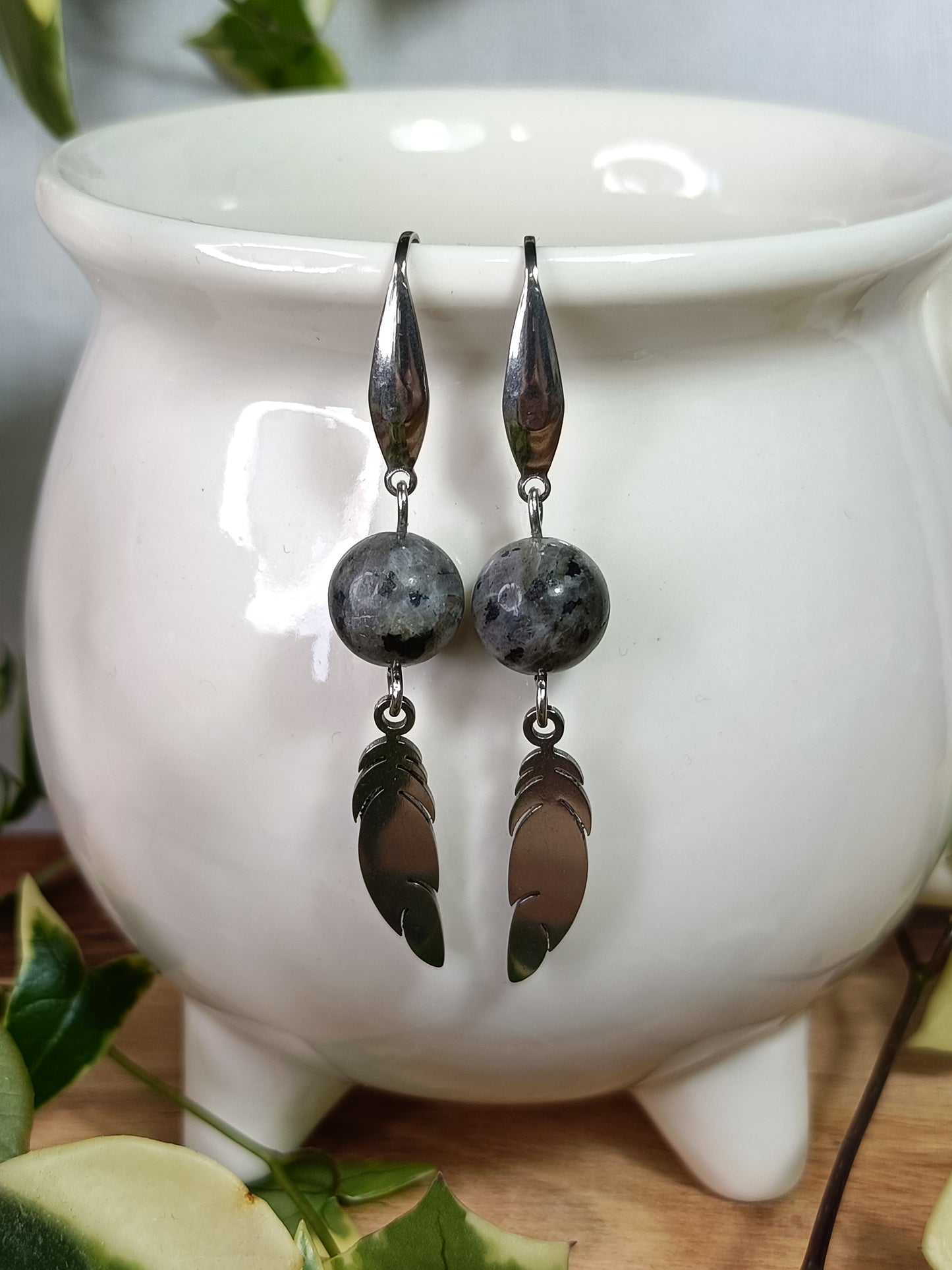 Larvikite and Feather Earrings - Stainless Steel