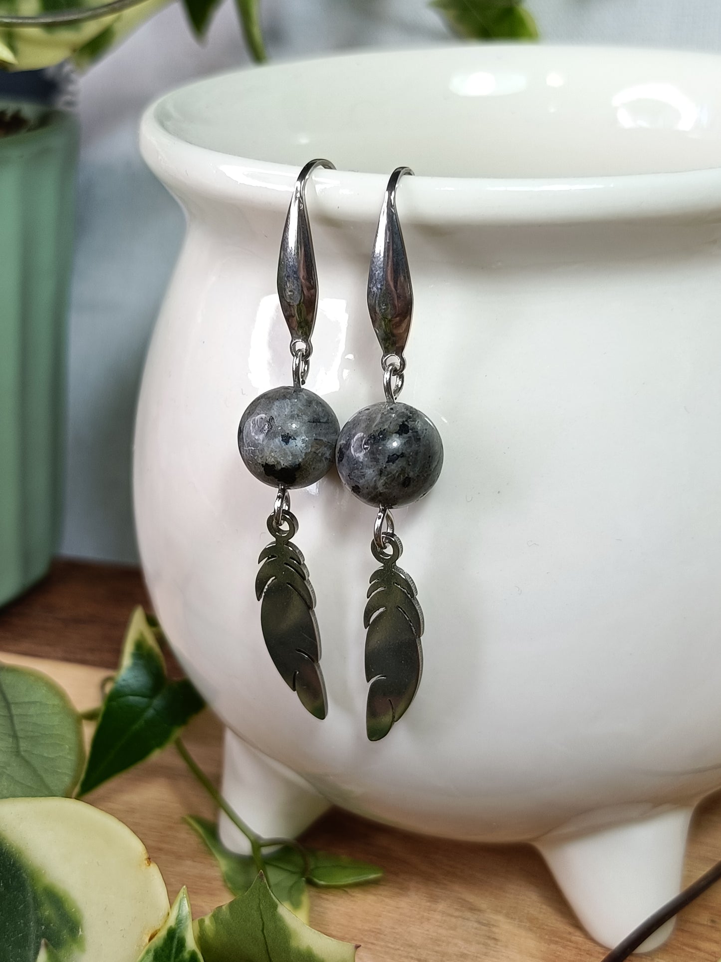 Larvikite and Feather Earrings - Stainless Steel