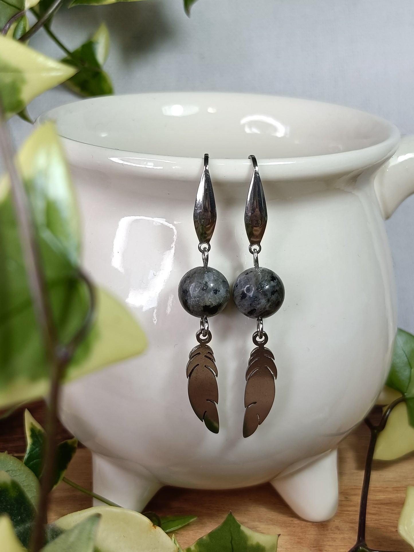 Larvikite and Feather Earrings - Stainless Steel