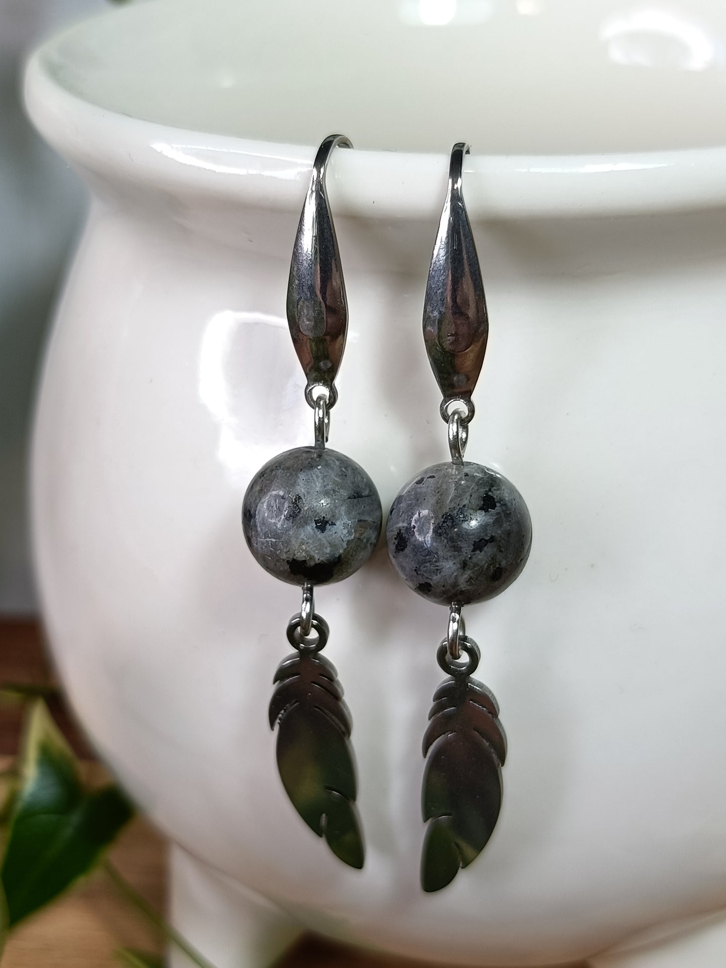 Larvikite and Feather Earrings - Stainless Steel
